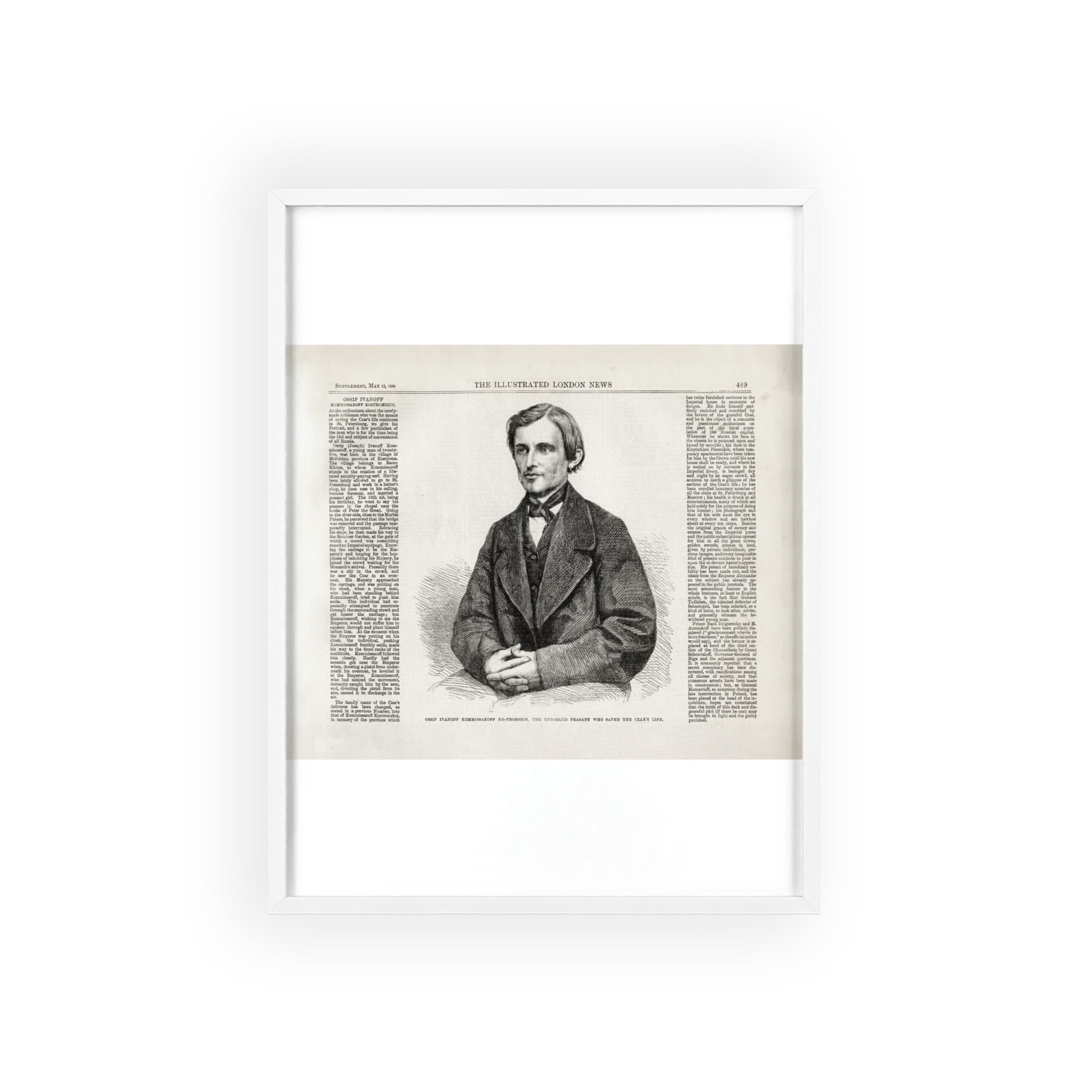 OSSIP IVANOFF, the peasant who saved the CZAR's Life. Vintage Illustrated Portrait Poster with Wooden Frame — Antique Newspaper Art Print