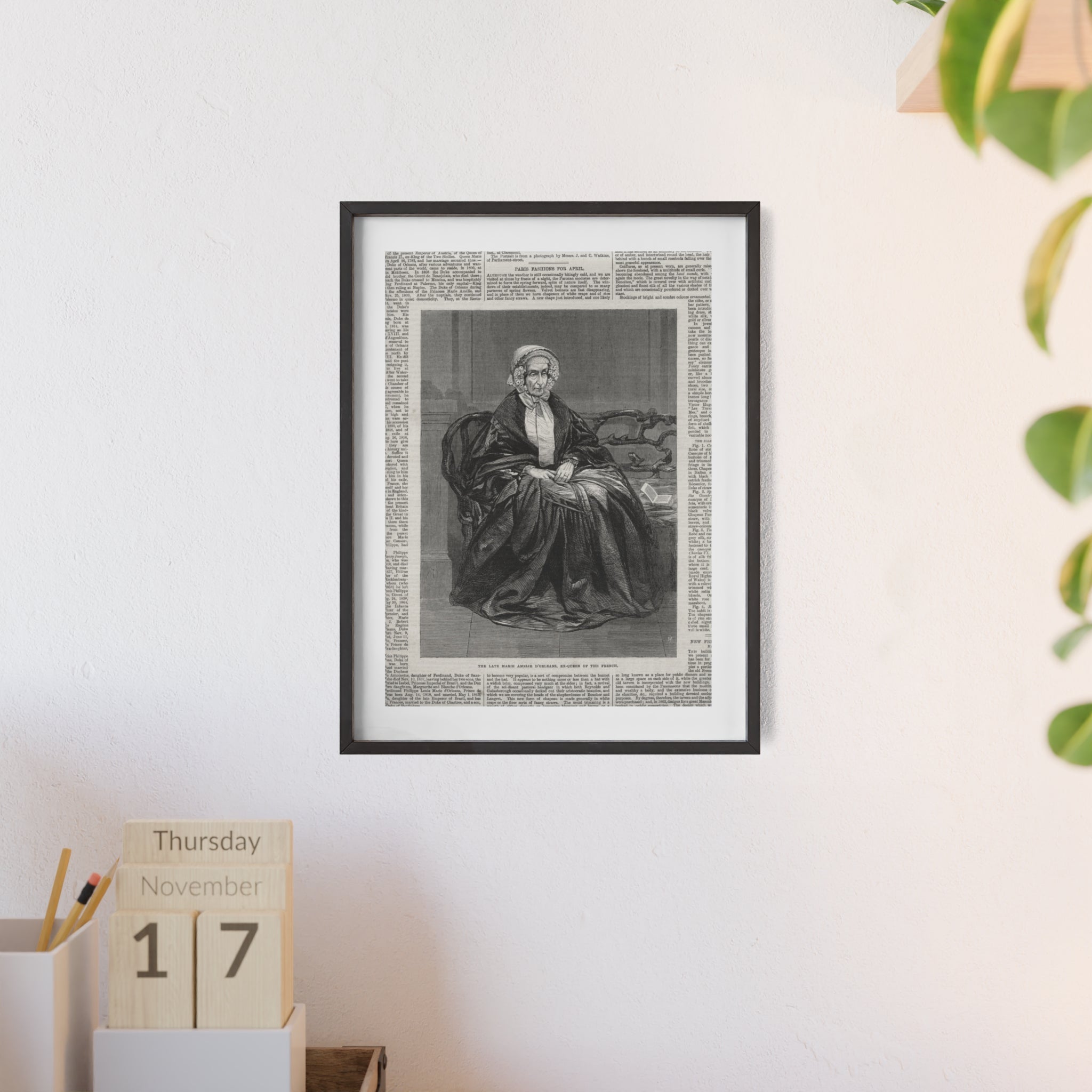 The Late Marie Amelie D'Orleans, Ex-Queen of the French. Vintage Portrait Newspaper Art Poster with Black Wooden Frame