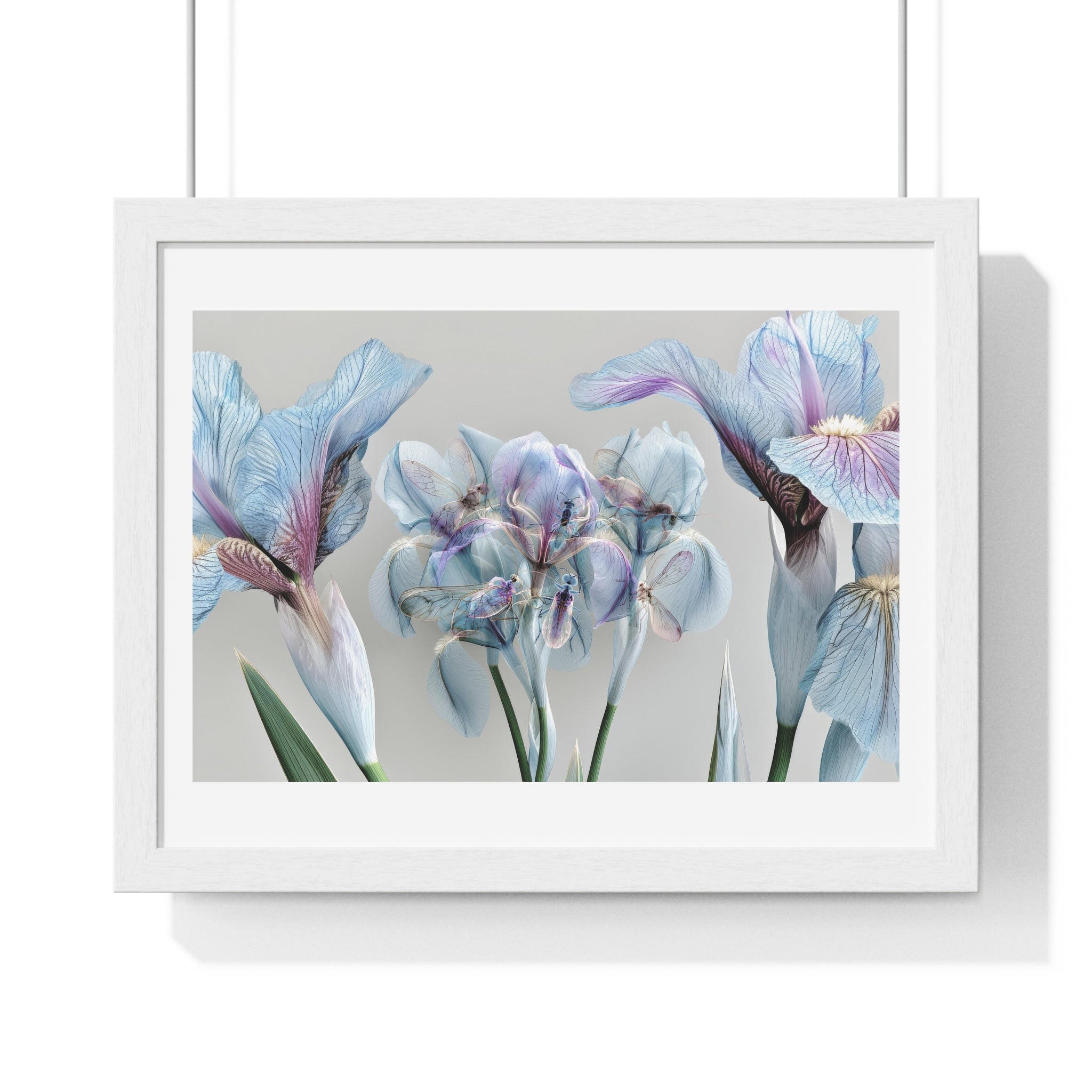 Botanical Iris Framed Poster — Soft Blue Floral Wall Art (Horizontal)