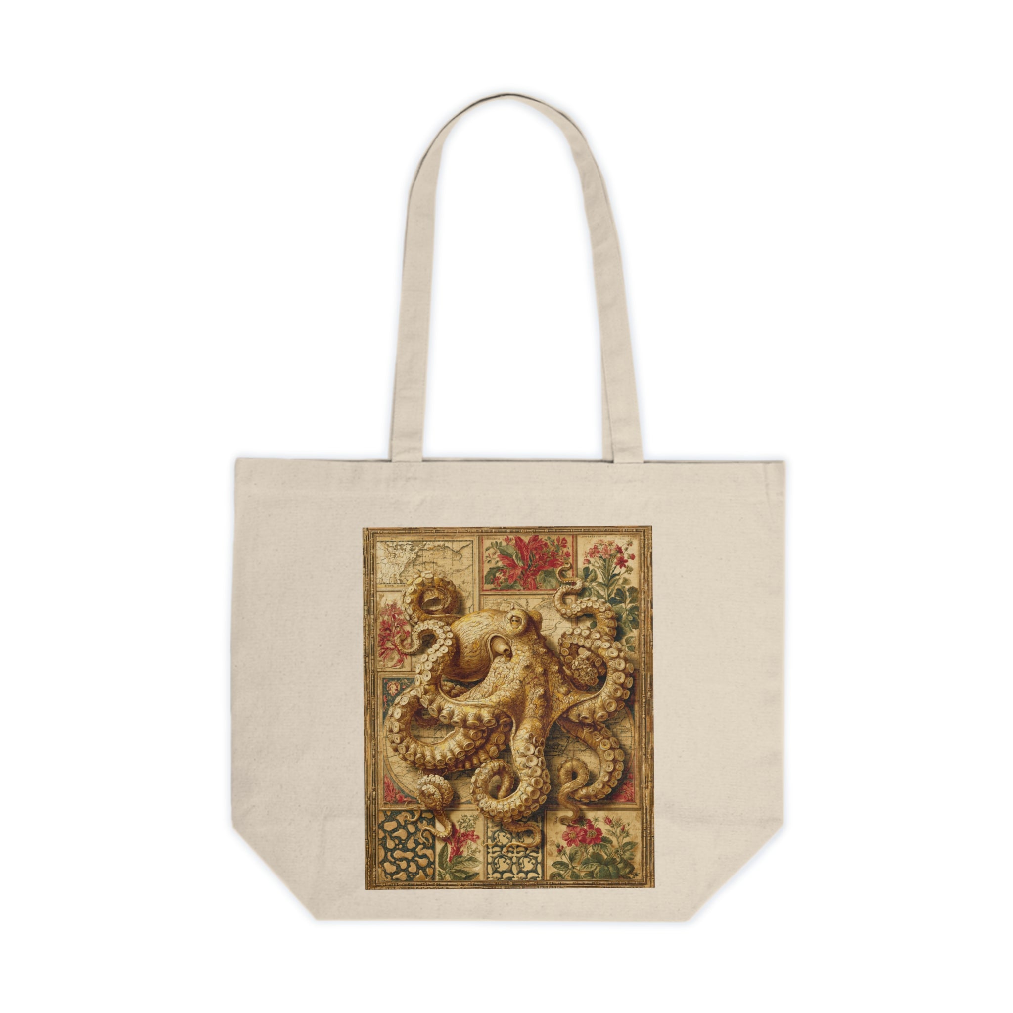 Octopus Vintage Art Canvas Tote - Nautical Sea Creature Shopping Bag