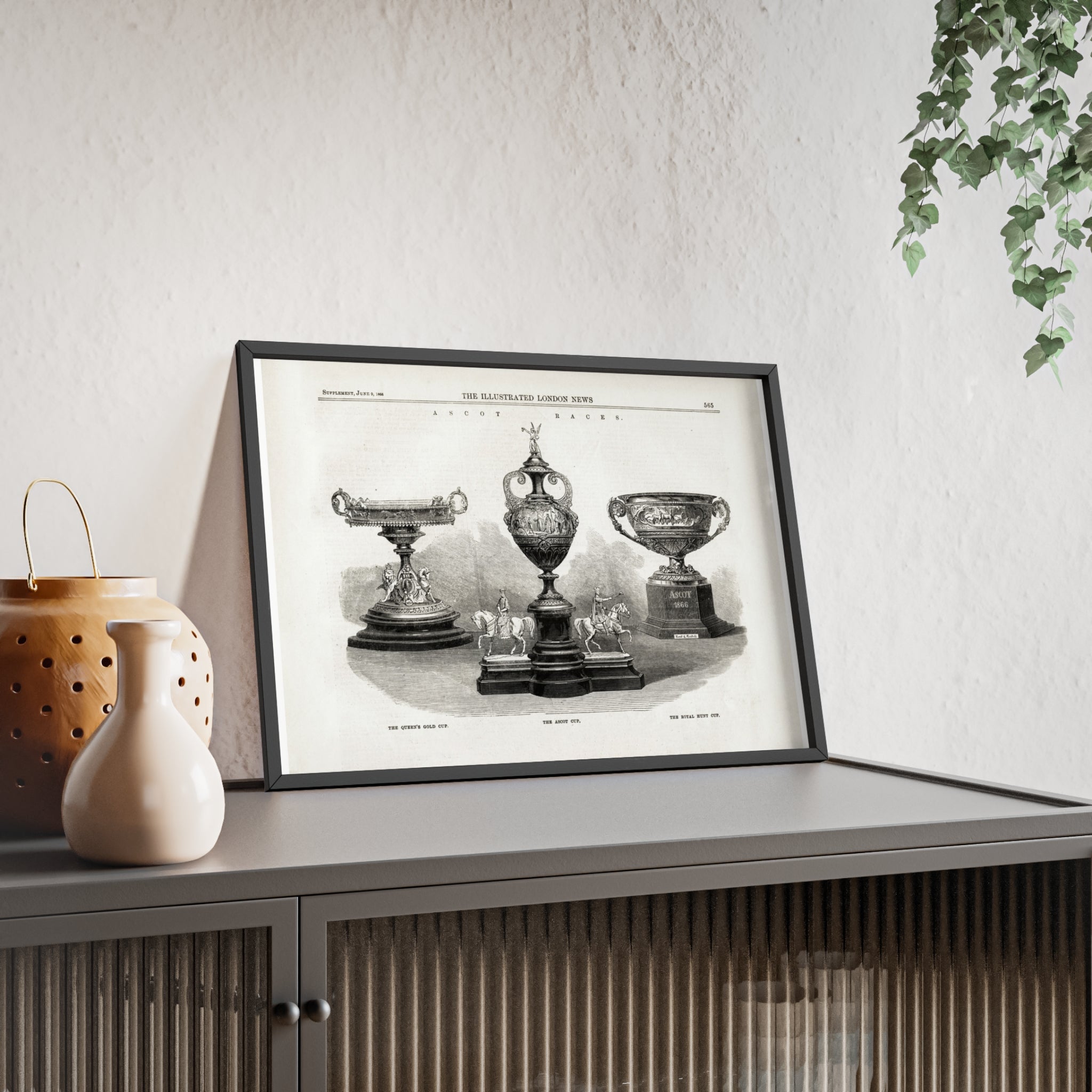 The ASCOT Races. Vintage Trophy Engraving Poster with Wooden Frame