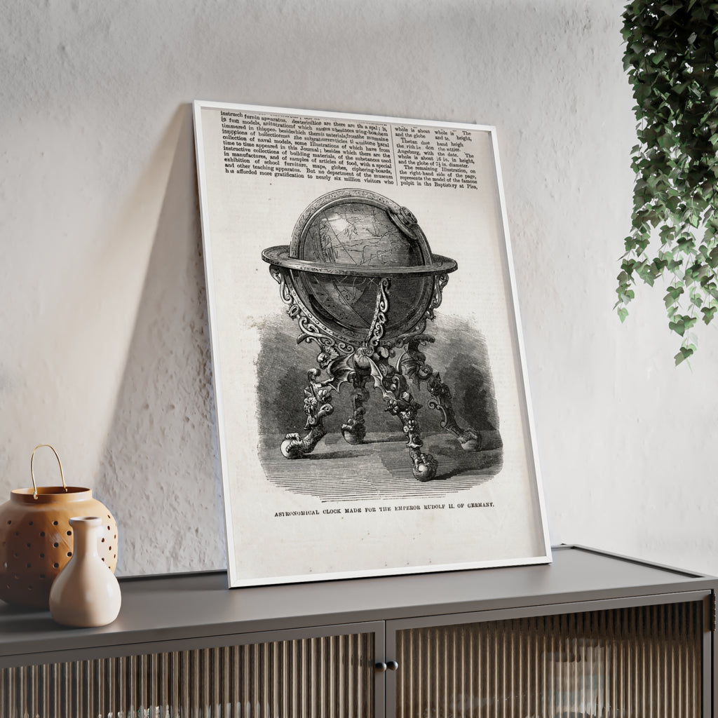 Astronomical Clock made for the Emperor RUDOLPH II, of Germany. Vintage Globe Illustration Poster with Wooden Frame — Antique Map Print