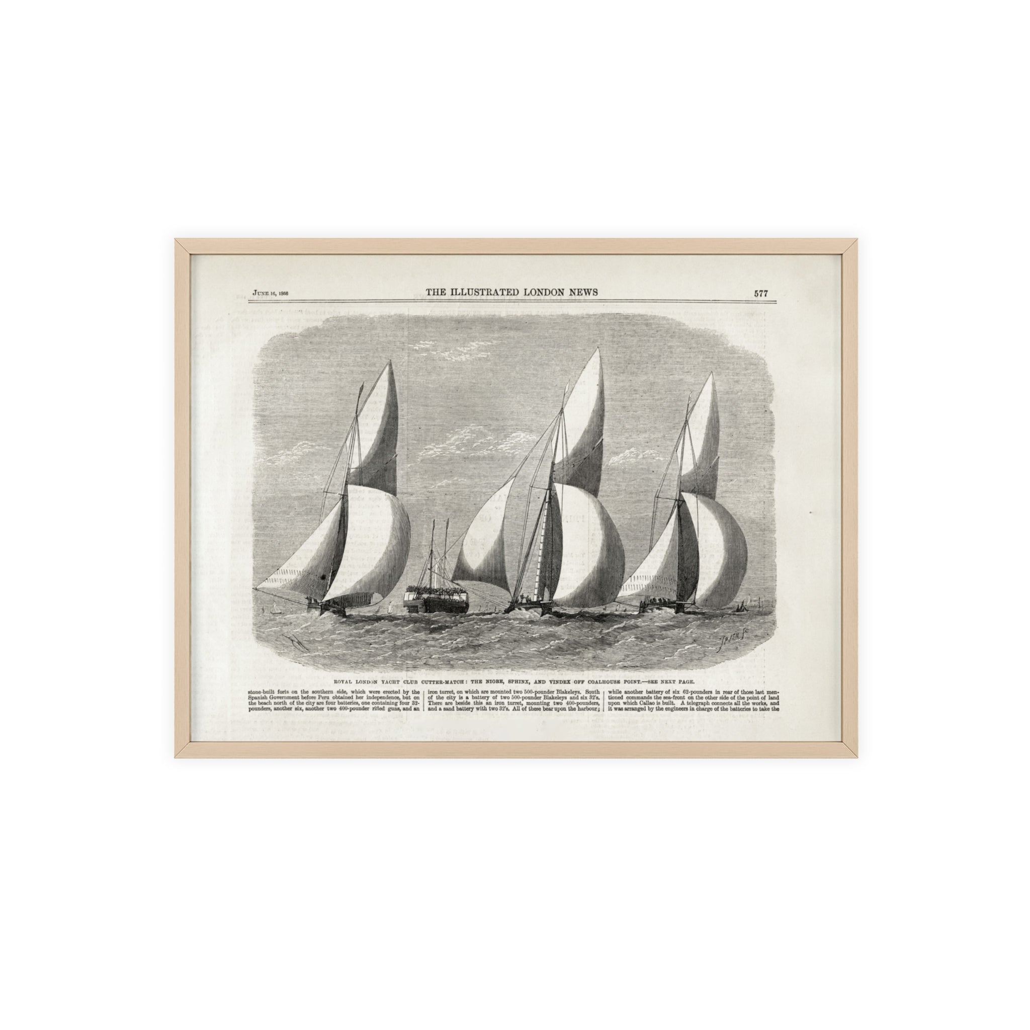Royal London Yacht Club Cutter-Match. Vintage Sailing Print Poster with Wooden Frame — Nautical Wall Art