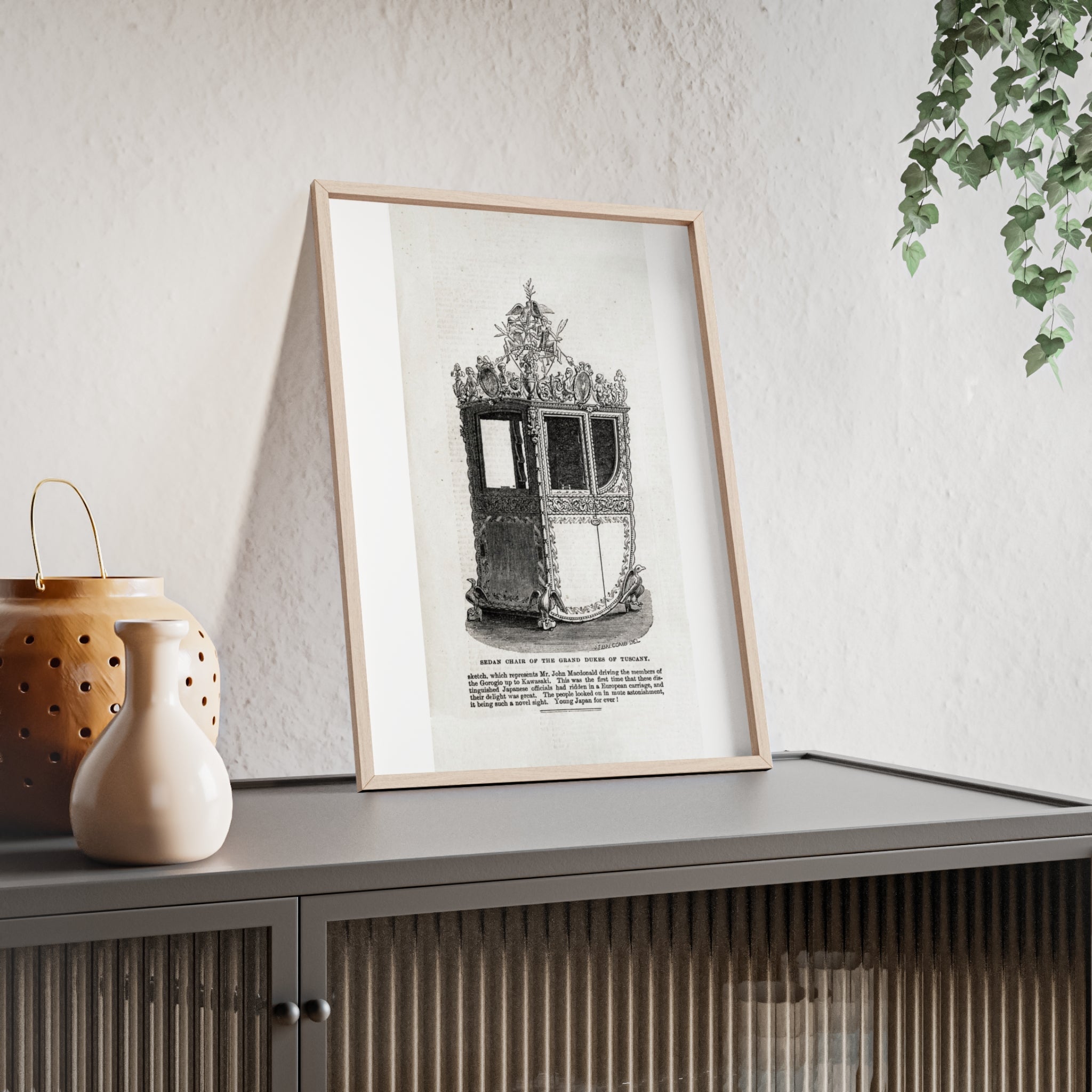 Chair of the GRAND DUKES of TUSCANY. Antique Carriage Print Poster with Wooden Frame — Vintage Engraving Wall Art