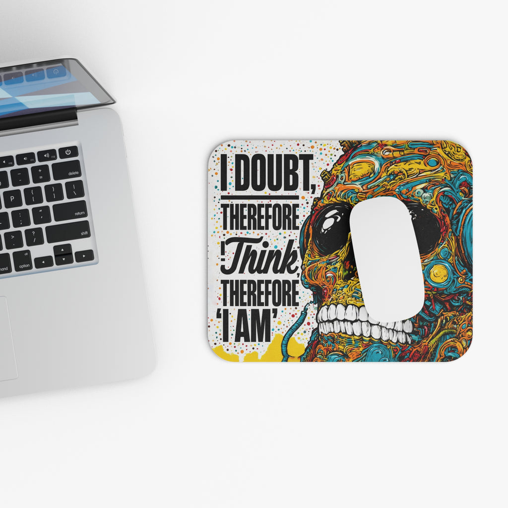 Skull Art Mouse Pad — "I Doubt Therefore I Think Therefore I Am" Graphic
