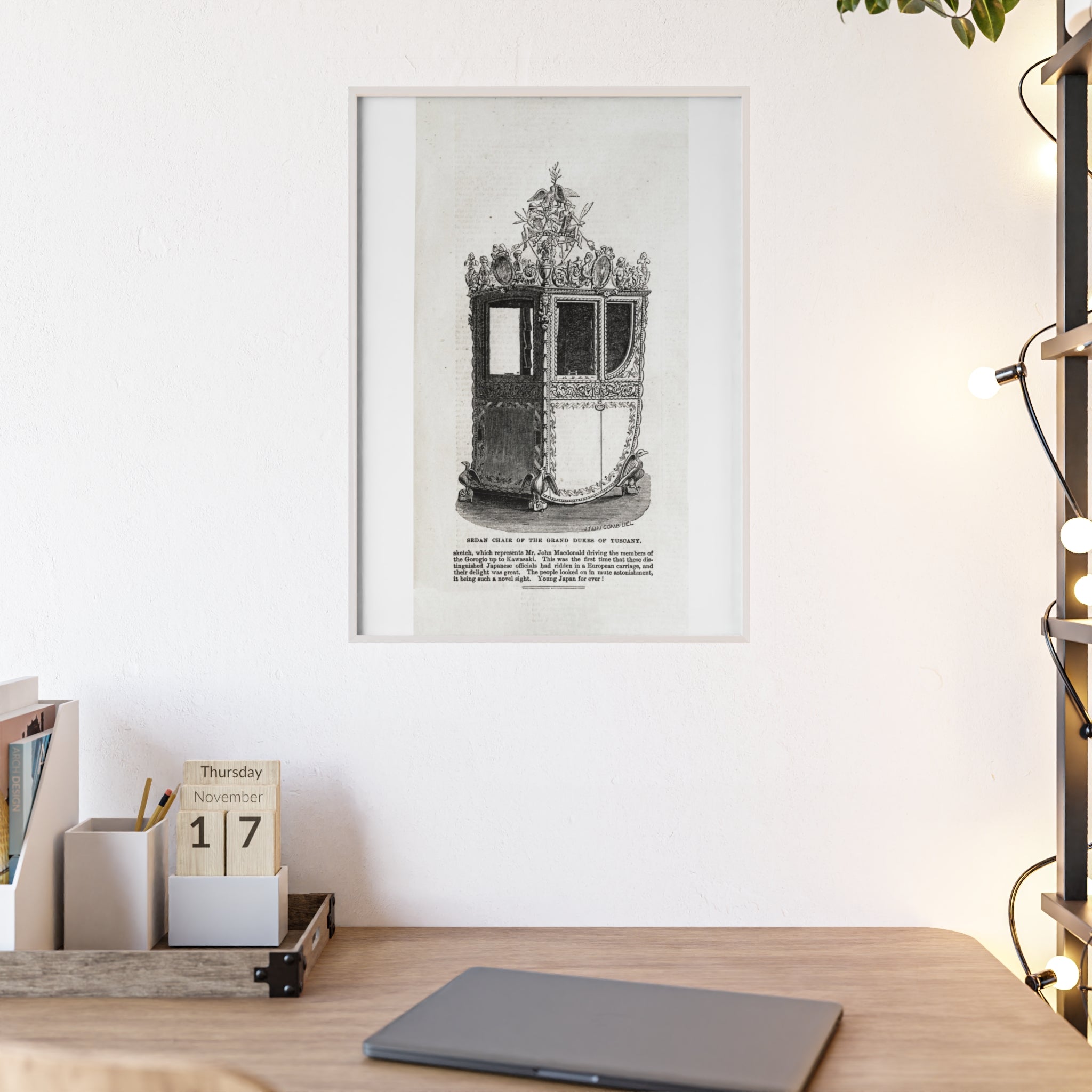 Chair of the GRAND DUKES of TUSCANY. Antique Carriage Print Poster with Wooden Frame — Vintage Engraving Wall Art