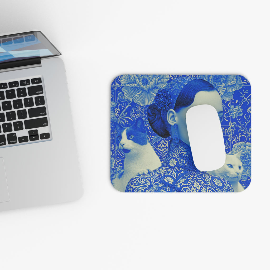 Blue Portrait Cat Mouse Pad — Artistic Decorative Desk Mat