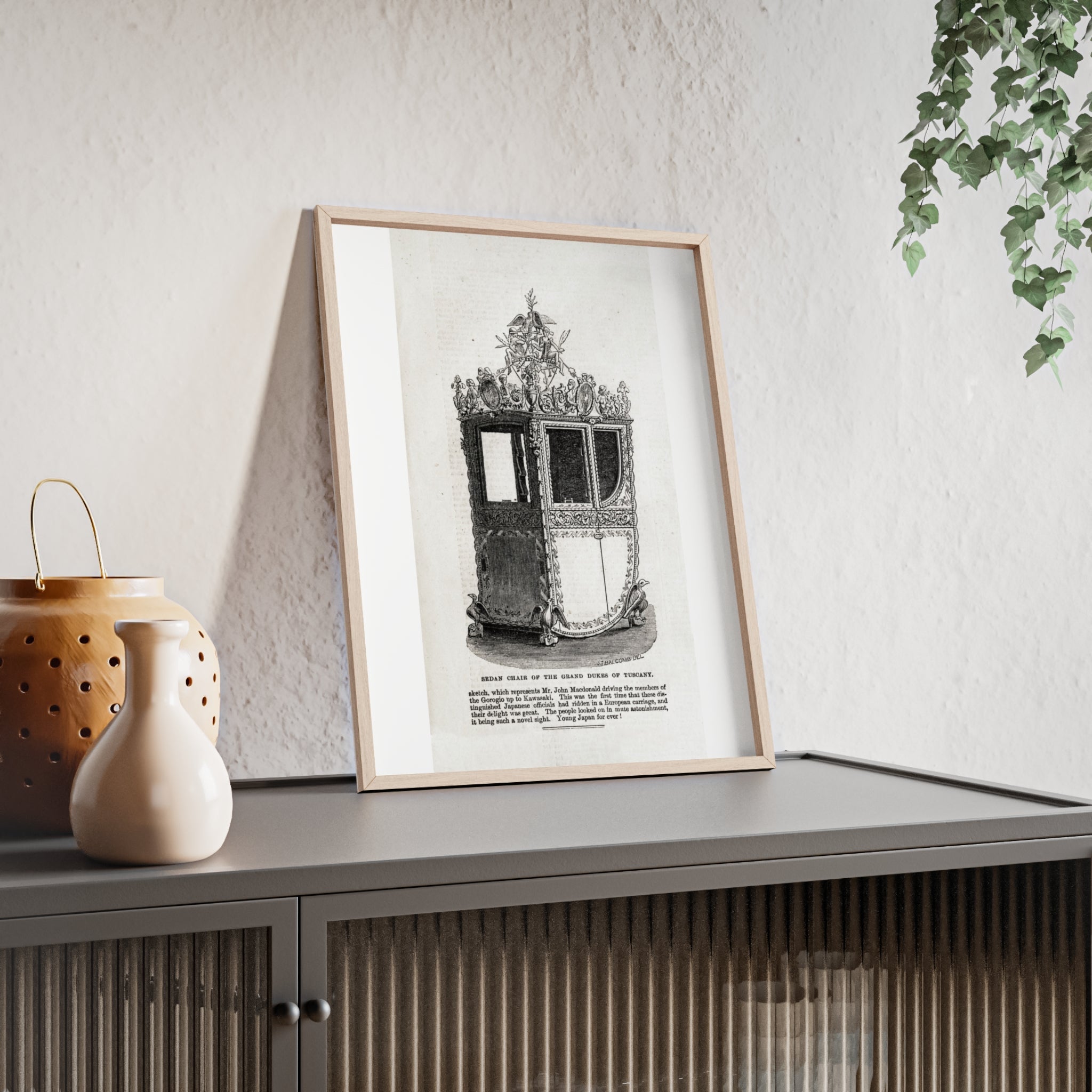 Chair of the GRAND DUKES of TUSCANY. Antique Carriage Print Poster with Wooden Frame — Vintage Engraving Wall Art
