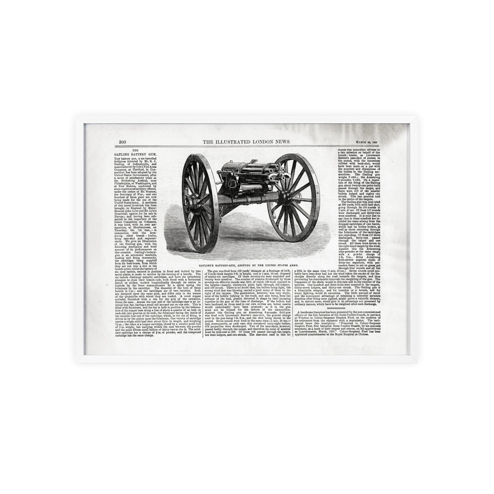 GATLING'S Battery-Gun, adopted by the United States Army. Vintage Cannon Patent Poster with Wooden Frame – Antique Engineering Print