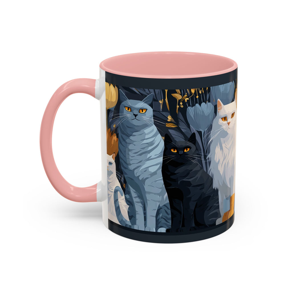 Cat Pattern Accent Coffee Mug — Illustrated Cats Floral Night Design (11/15oz)