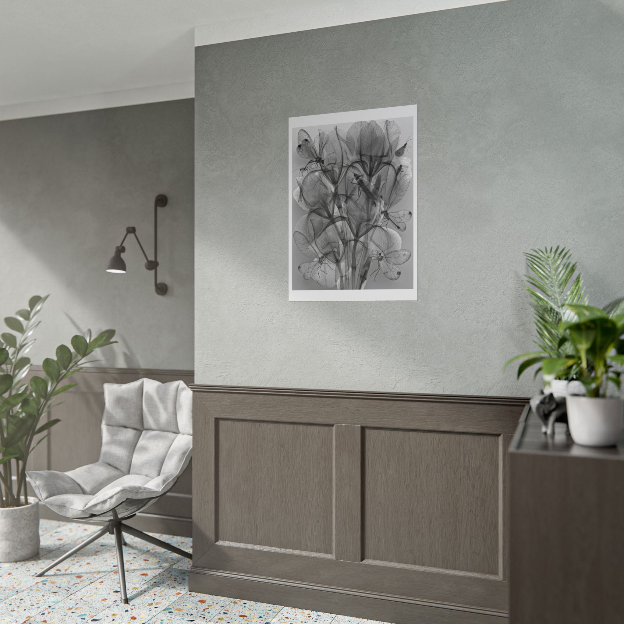 Botanical X-Ray Poster — Monochrome Floral Wall Art, Rolled Art Print