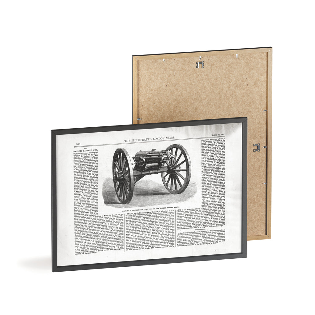 GATLING'S Battery-Gun, adopted by the United States Army. Vintage Cannon Patent Poster with Wooden Frame – Antique Engineering Print