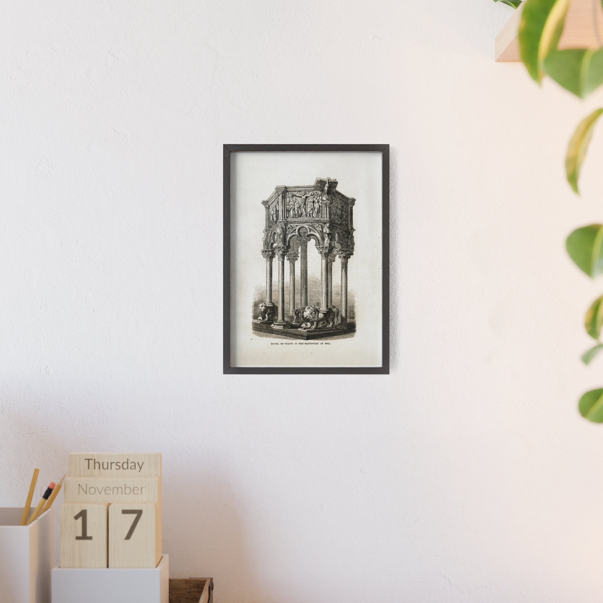 Model of Pulpit in the Baptistery at PISA. Antique Architectural Print Poster — Gothic Baptistery Illustration in Wooden Frame