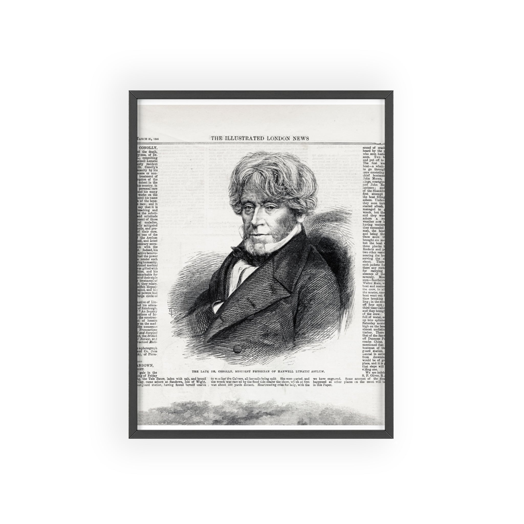 Dr. Conolly, Resident Physician of Hanwell Lunatic Asylum. Framed Vintage Portrait Print — Antique Newspaper Illustration Poster