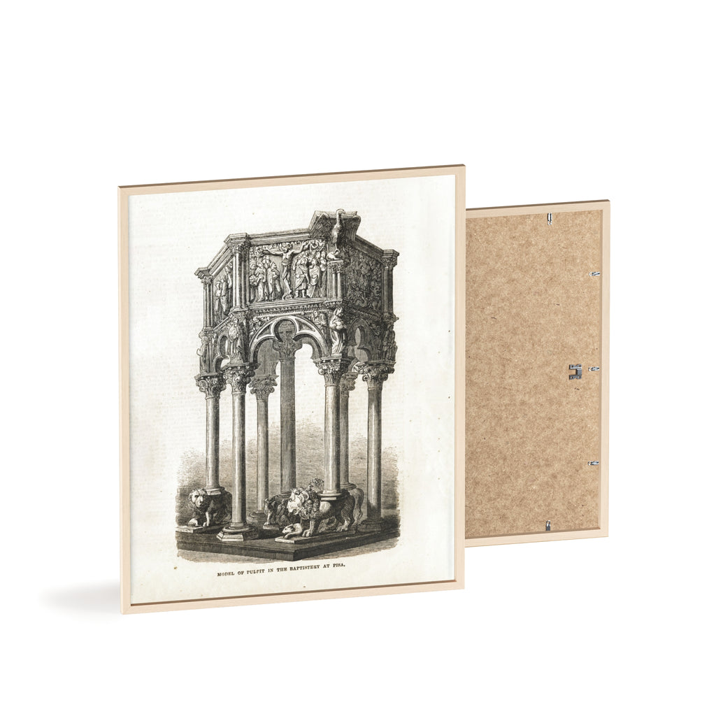 Model of Pulpit in the Baptistery at PISA. Antique Architectural Print Poster — Gothic Baptistery Illustration in Wooden Frame