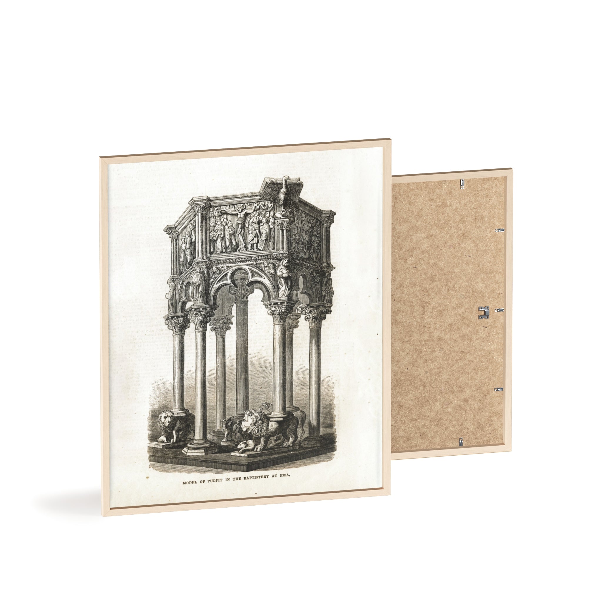 Model of Pulpit in the Baptistery at PISA. Antique Architectural Print Poster — Gothic Baptistery Illustration in Wooden Frame