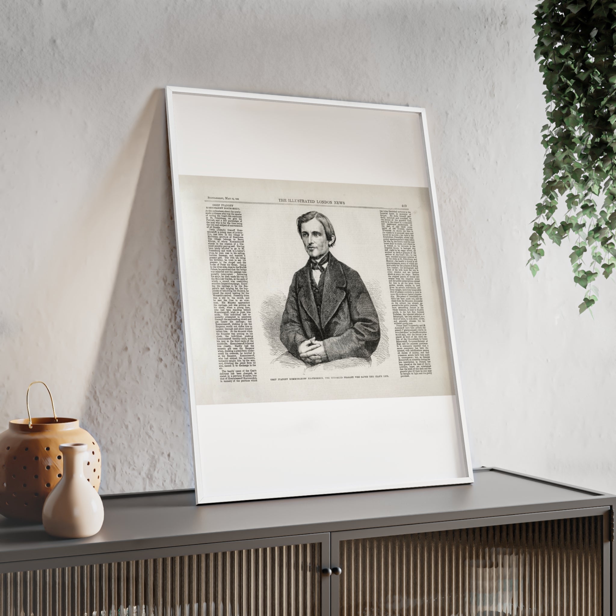 OSSIP IVANOFF, the peasant who saved the CZAR's Life. Vintage Illustrated Portrait Poster with Wooden Frame — Antique Newspaper Art Print