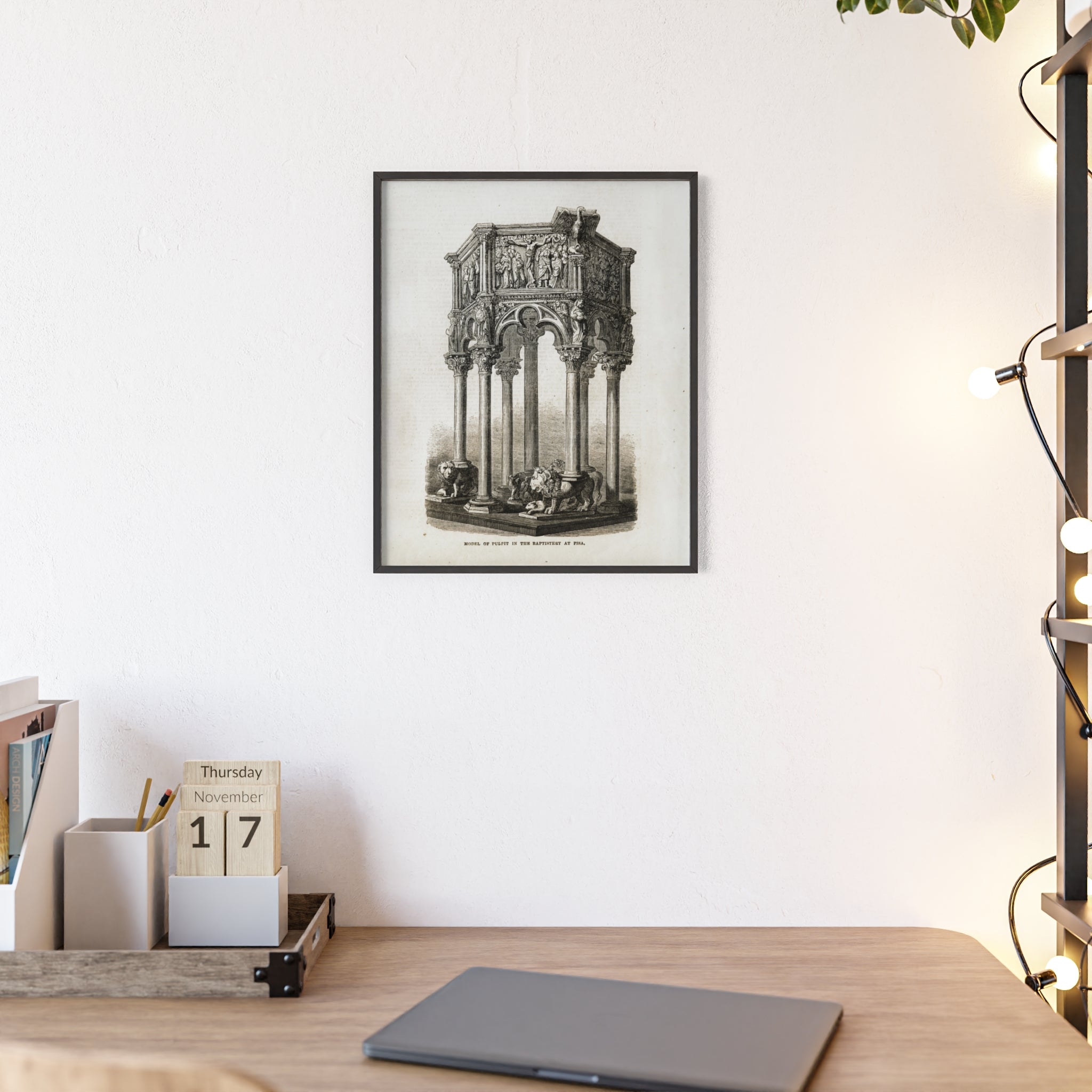 Model of Pulpit in the Baptistery at PISA. Antique Architectural Print Poster — Gothic Baptistery Illustration in Wooden Frame
