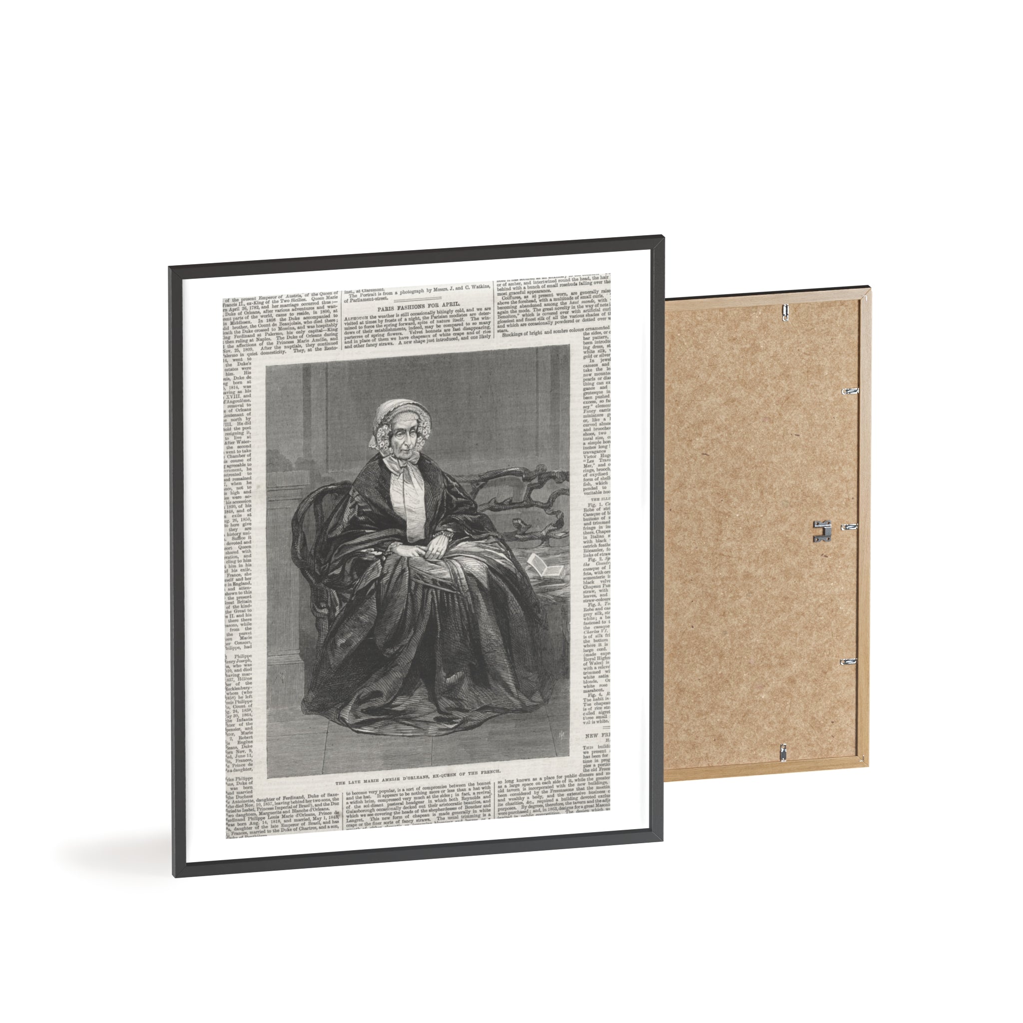 The Late Marie Amelie D'Orleans, Ex-Queen of the French. Vintage Portrait Newspaper Art Poster with Black Wooden Frame