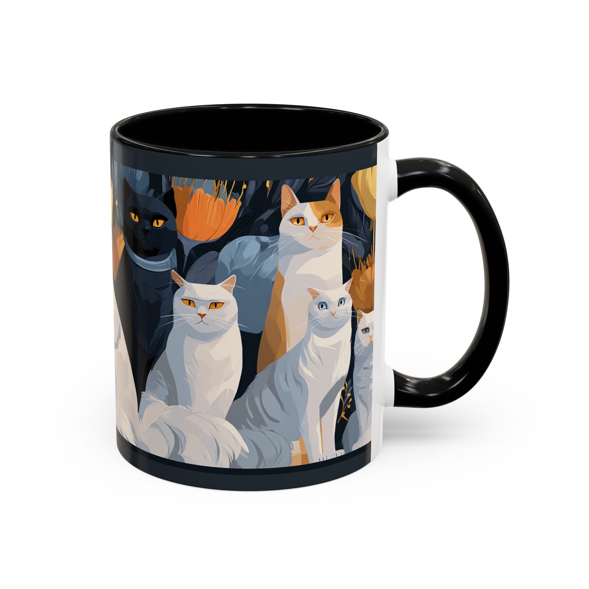 Cat Pattern Accent Coffee Mug — Illustrated Cats Floral Night Design (11/15oz)