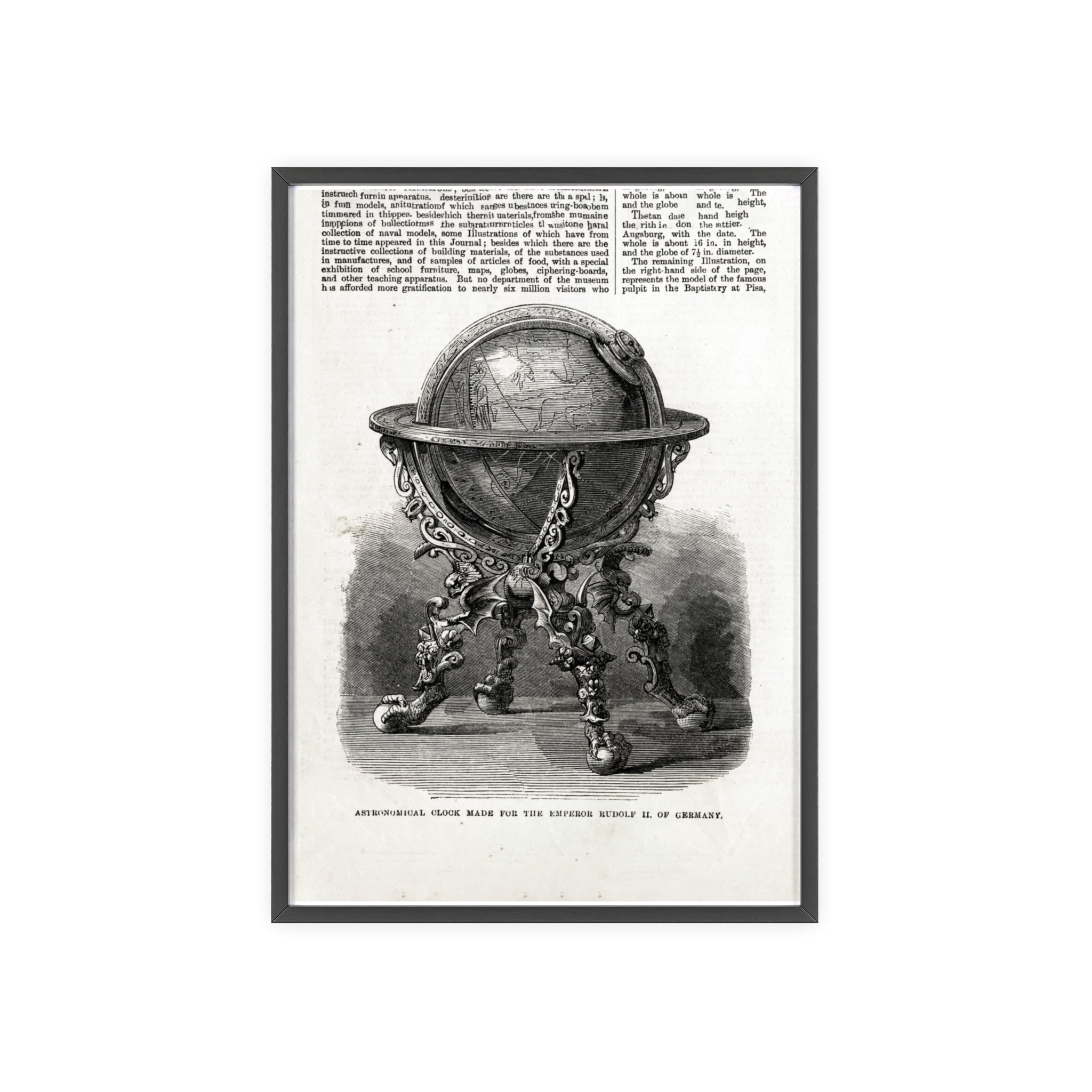 Astronomical Clock made for the Emperor RUDOLPH II, of Germany. Vintage Globe Illustration Poster with Wooden Frame — Antique Map Print