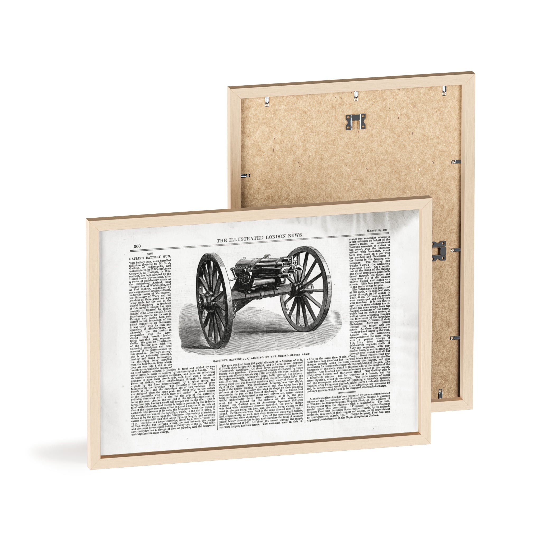 GATLING'S Battery-Gun, adopted by the United States Army. Vintage Cannon Patent Poster with Wooden Frame – Antique Engineering Print