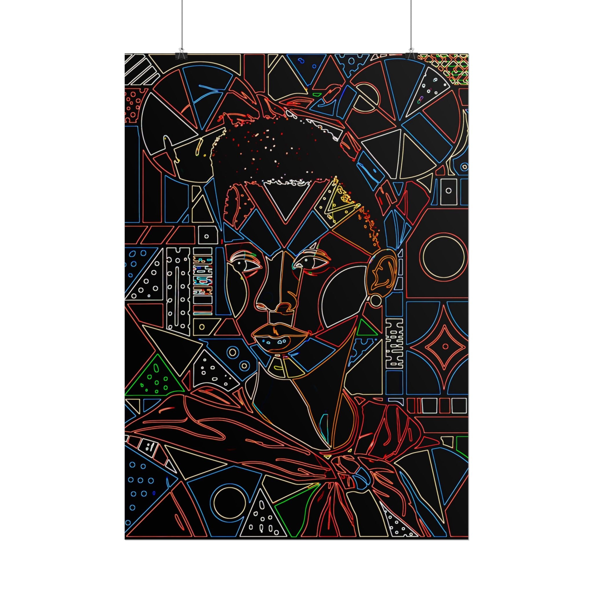 Neon Line Art Portrait Poster — Afro Futurism Geometric Wall Art (Rolled)