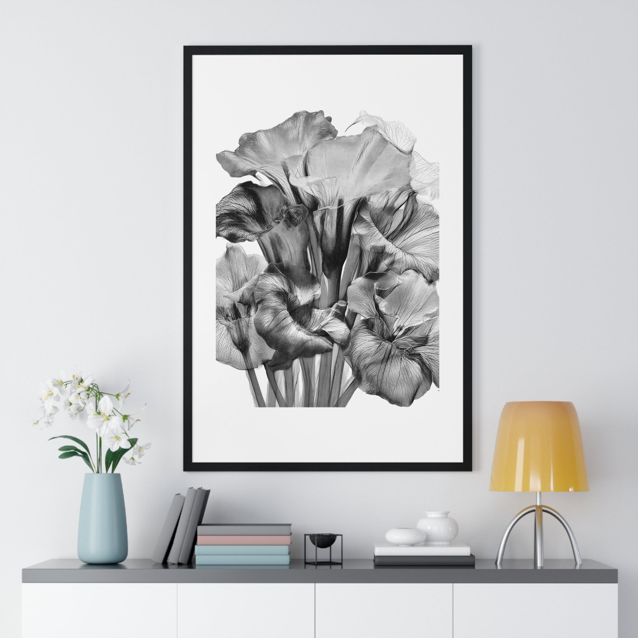Monochrome Iris Floral Poster — Vertical Framed Wall Art