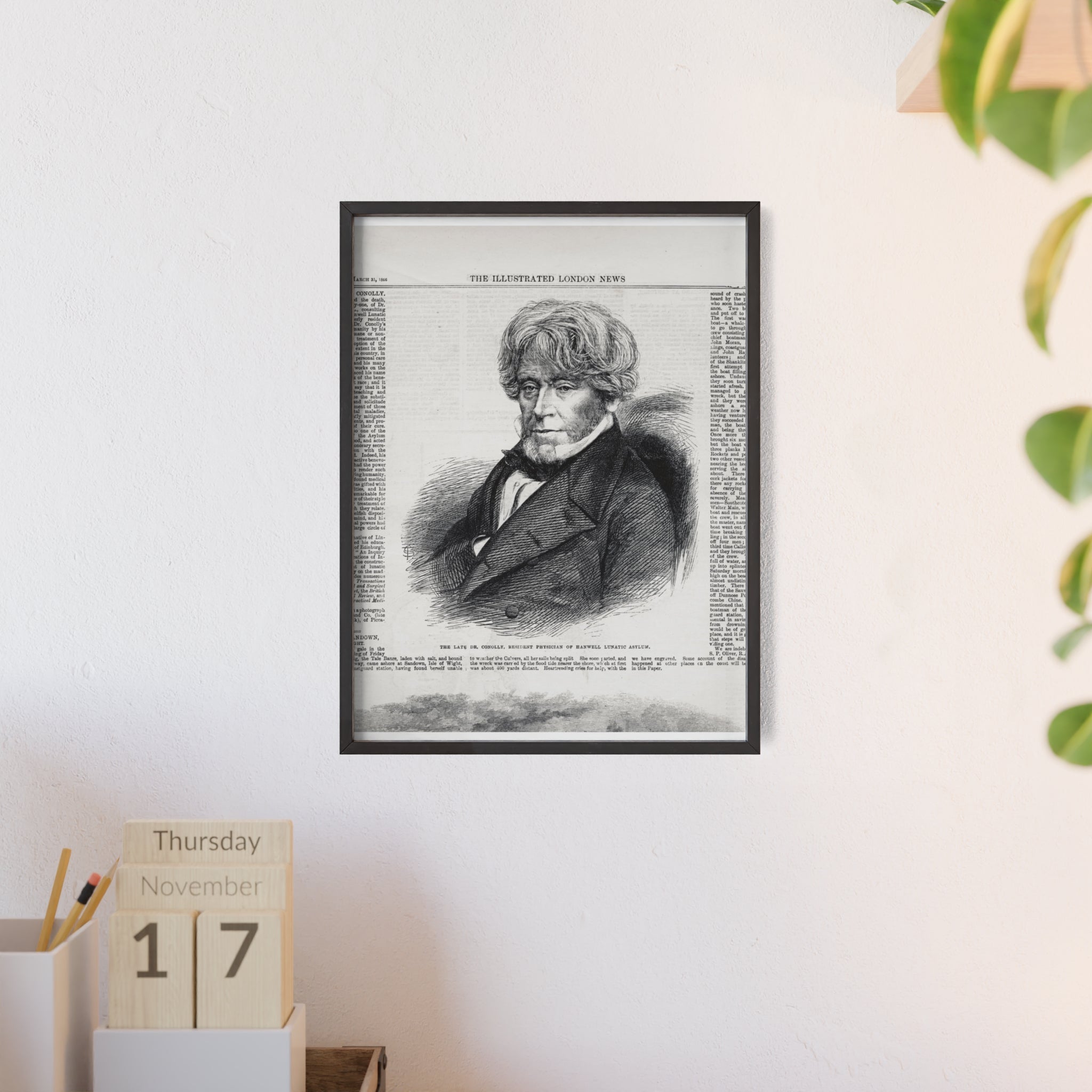 Dr. Conolly, Resident Physician of Hanwell Lunatic Asylum. Framed Vintage Portrait Print — Antique Newspaper Illustration Poster