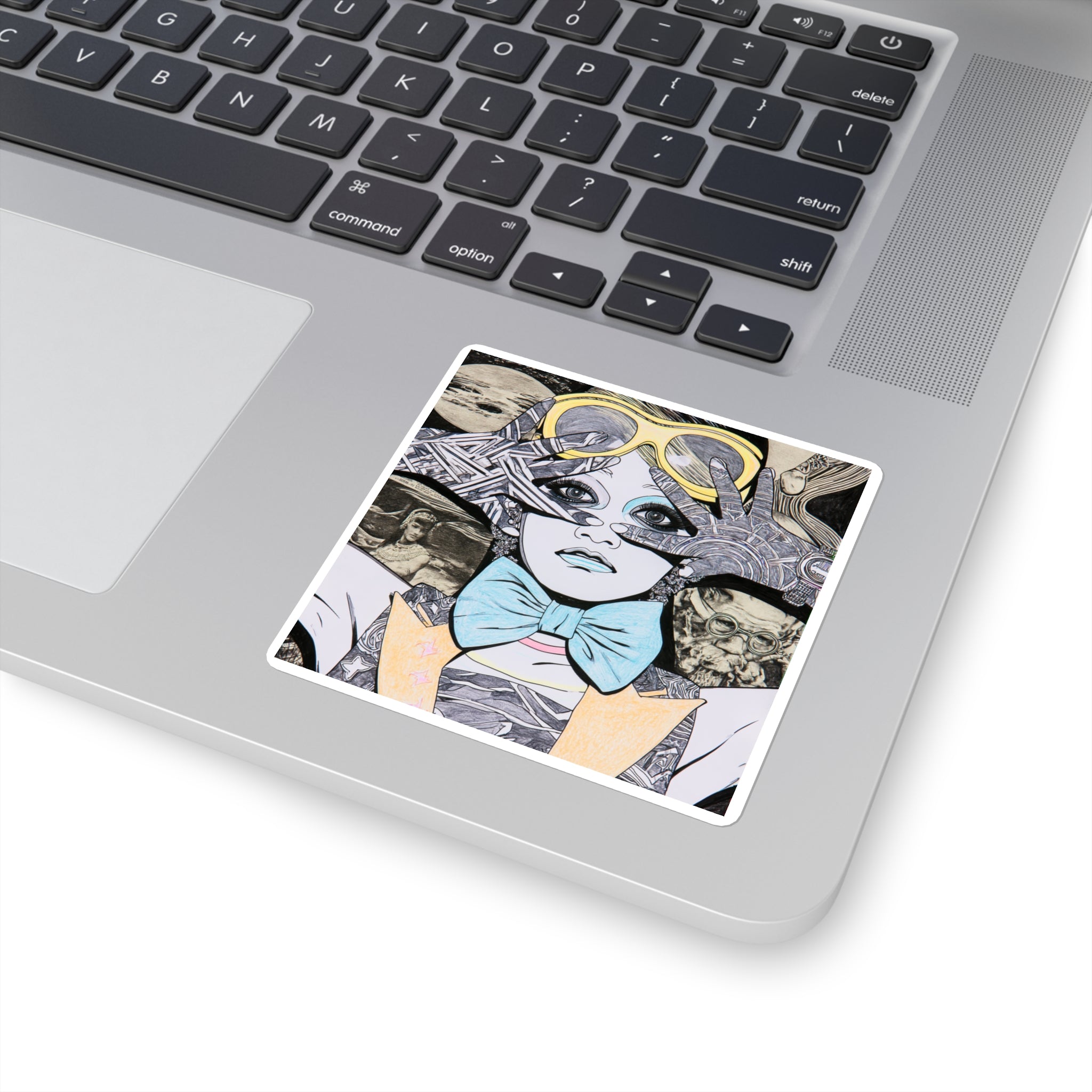 Surreal Vintage Girl Illustration Square Sticker — Retro Goggles & Bow Tie Art