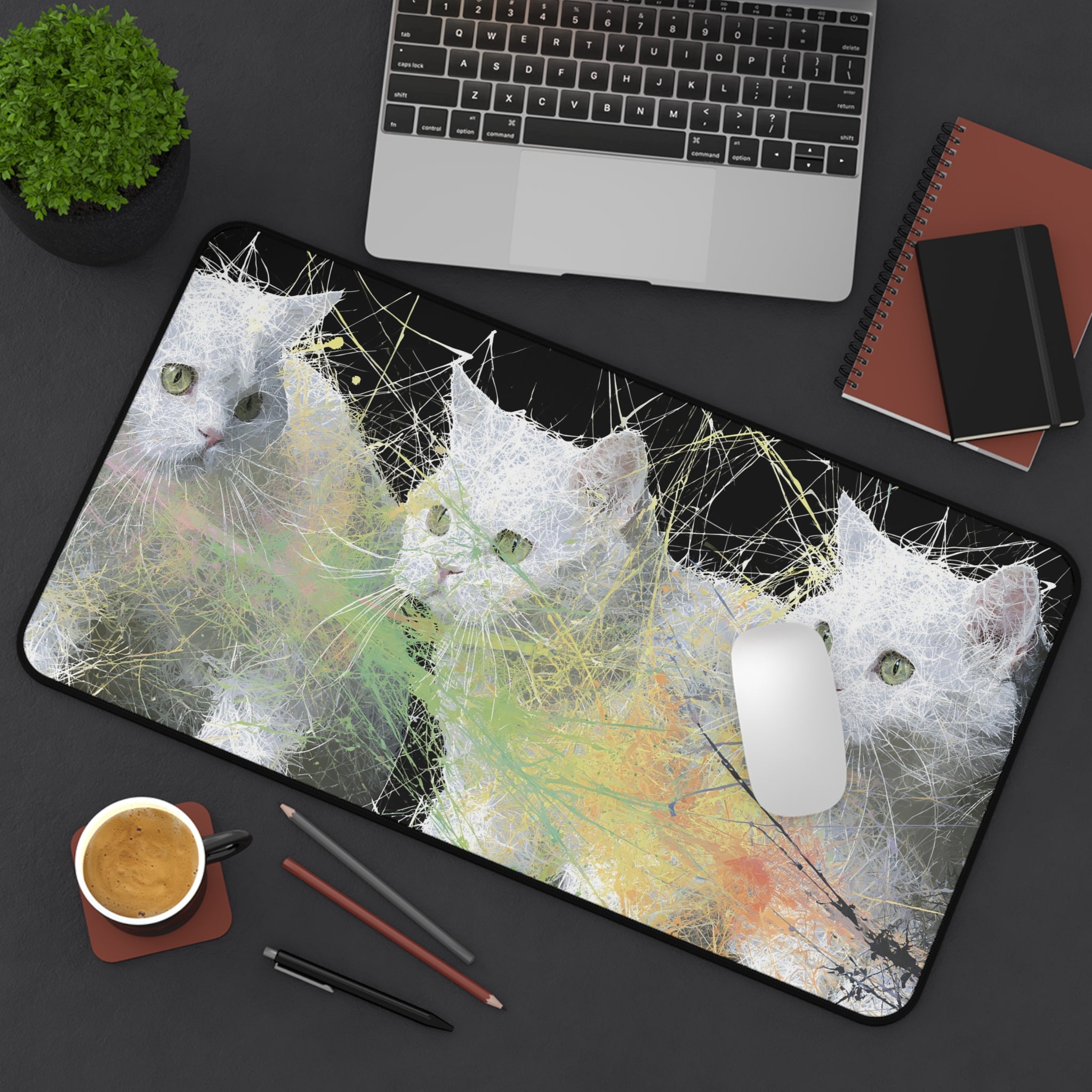 Abstract White Cat Trio Desk Mat — Artistic Feline Mousepad for Cat Lovers