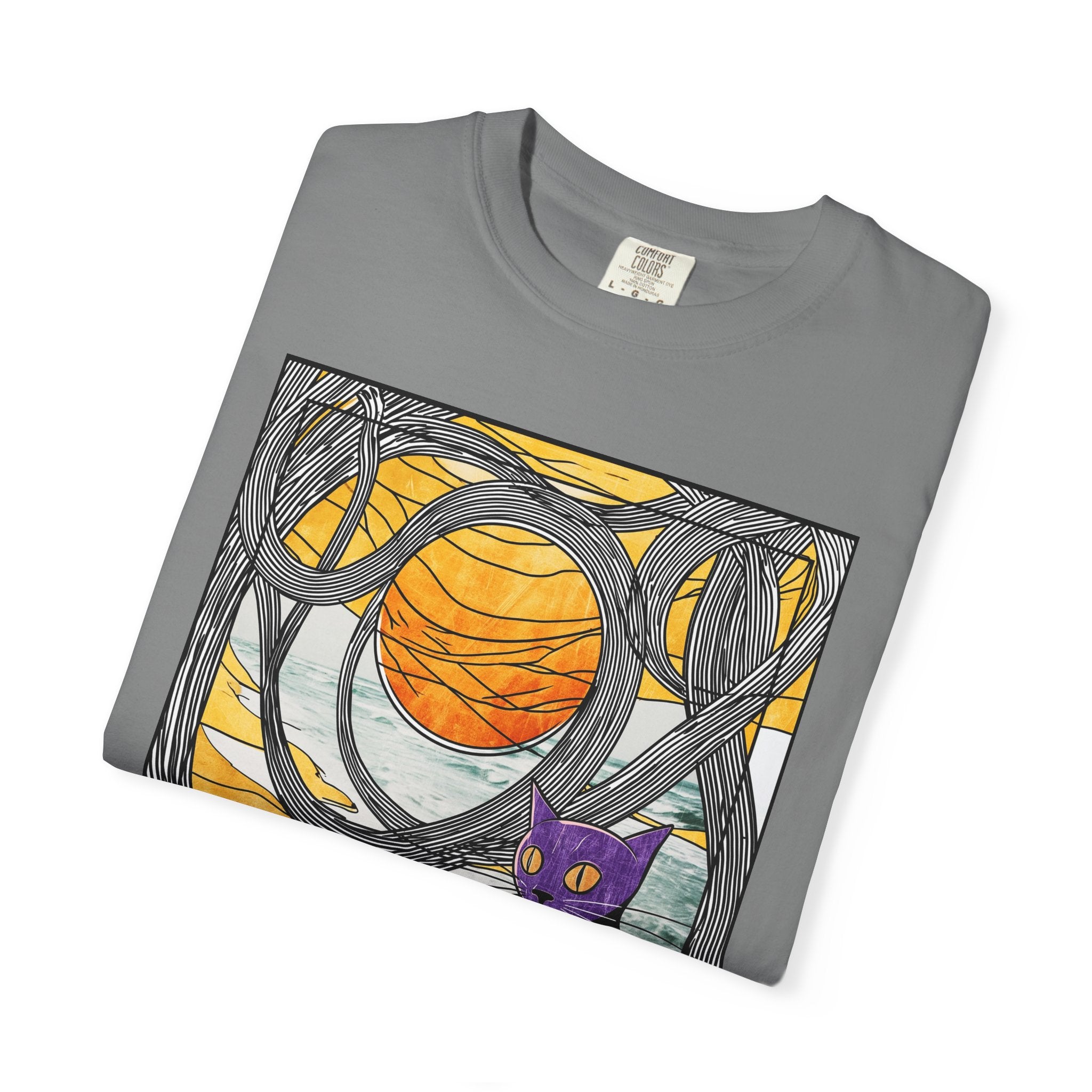 Cat Moon T-Shirt — Black Cat with Purple Mask & Sunset Stained-Glass Design