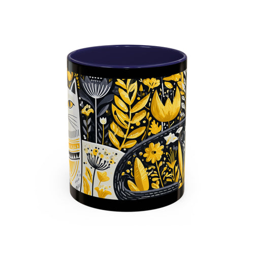 Black & Gold Cat Floral Coffee Mug — Whimsical Botanical Cat Accent Mug (11/15oz)