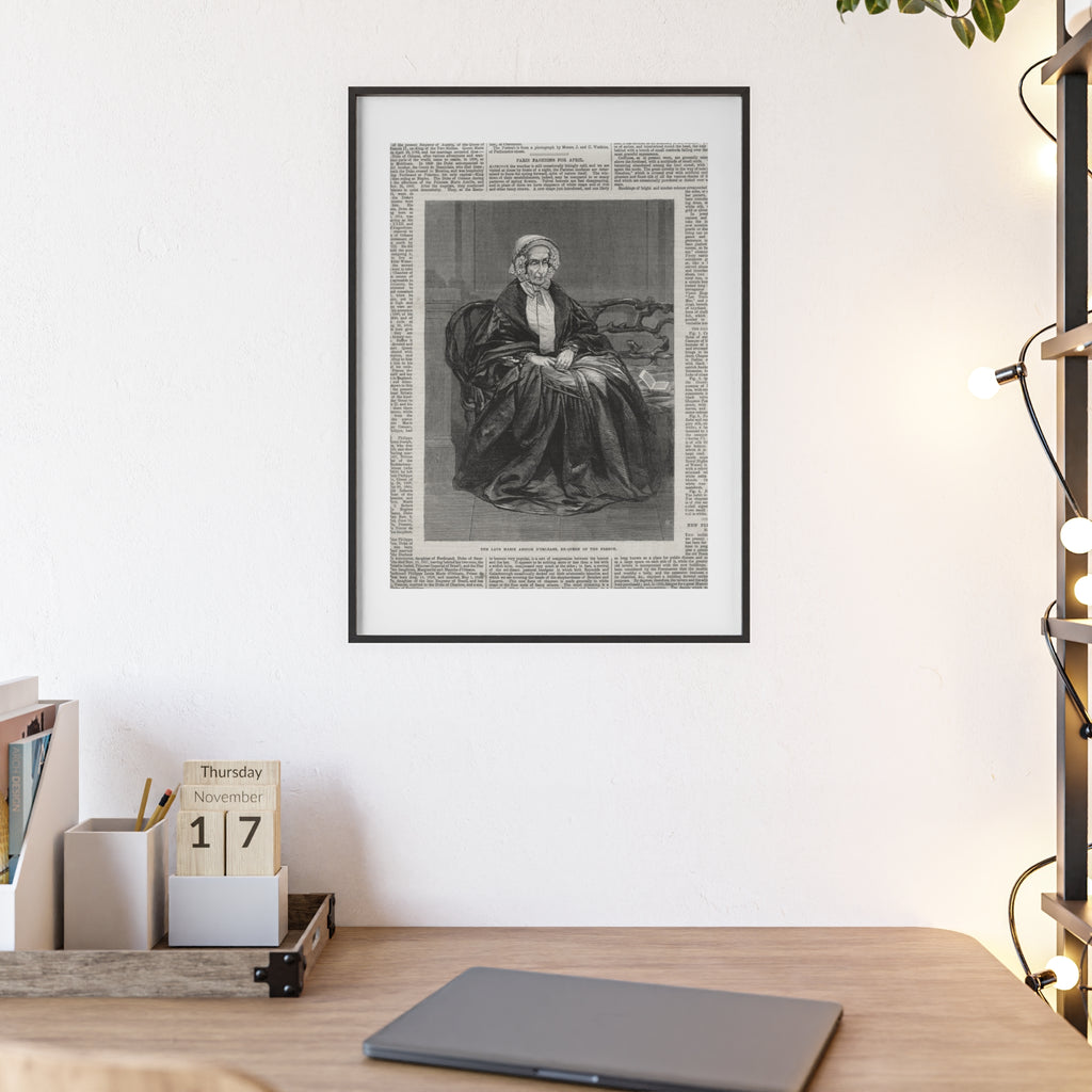 The Late Marie Amelie D'Orleans, Ex-Queen of the French. Vintage Portrait Newspaper Art Poster with Black Wooden Frame