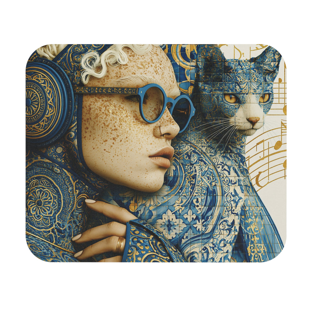 Artistic Blue Cat & Woman Mouse Pad — Decorative Desk Mat