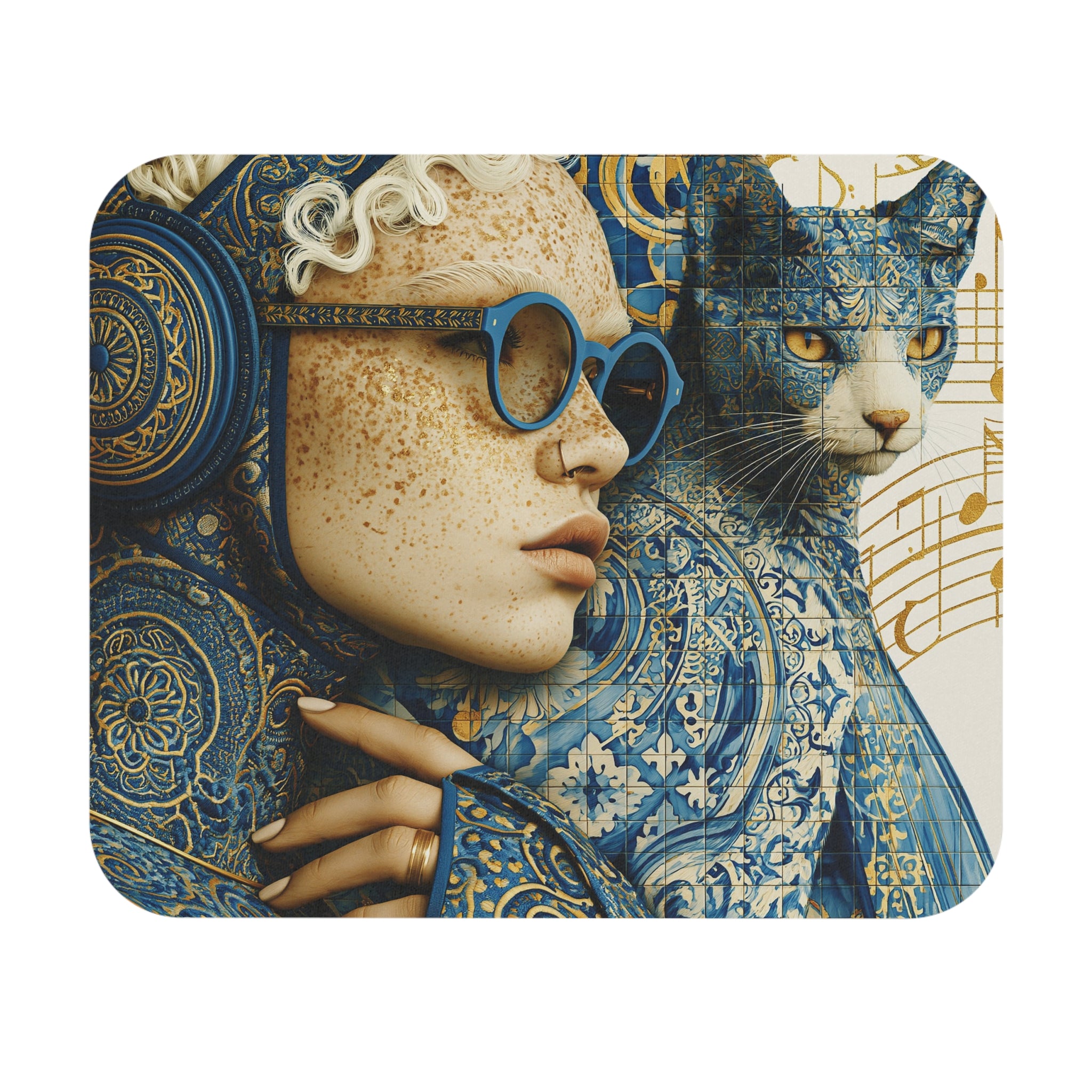 Artistic Blue Cat & Woman Mouse Pad — Decorative Desk Mat