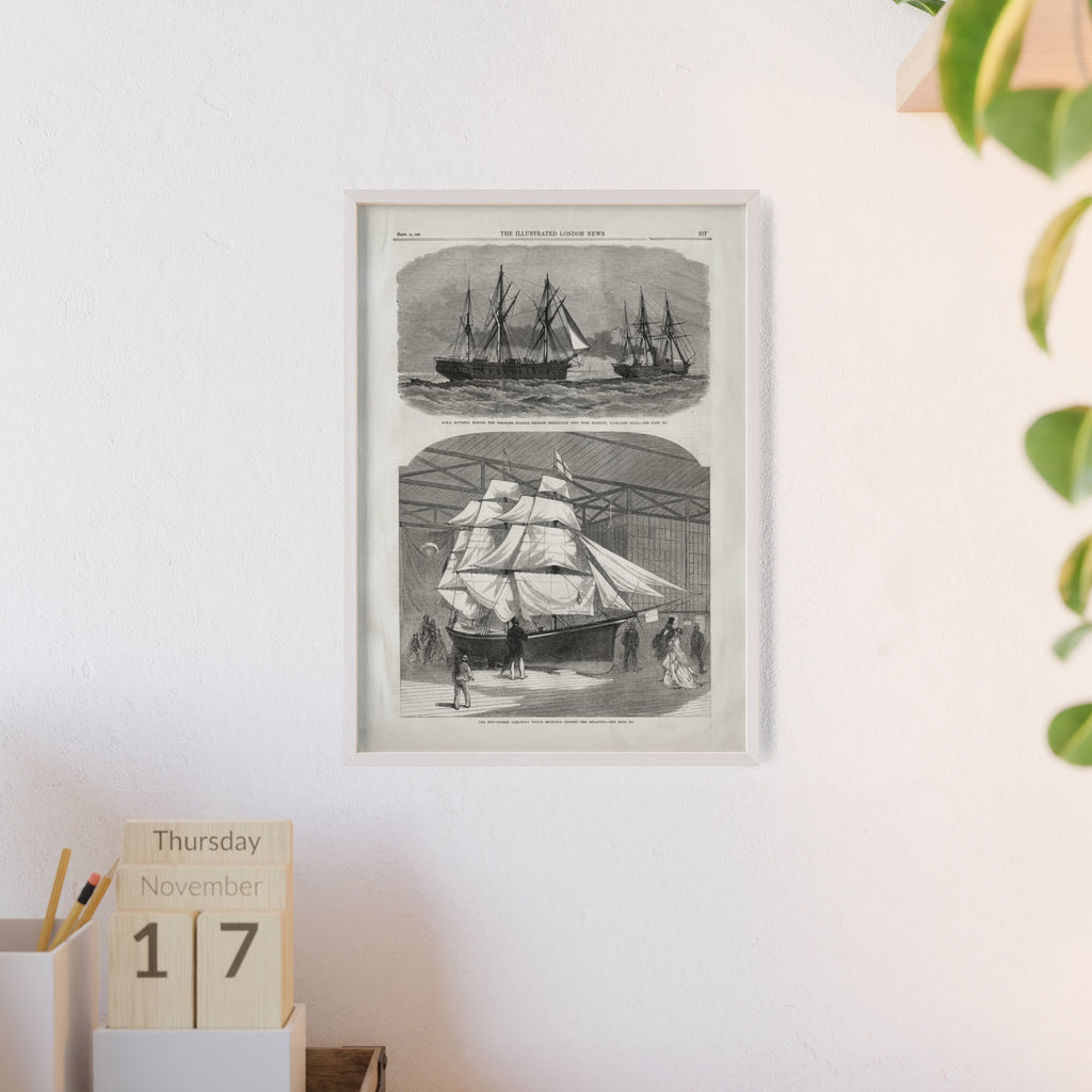 Vintage Nautical Ship Poster with Wooden Frame – Antique Sailing Print Wall Art
