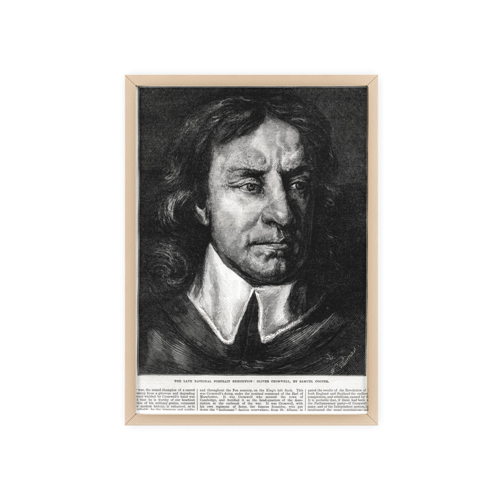 OLIVER CROMWELL. Historical Portrait Poster with Wooden Frame — Vintage Chalk-Style Print
