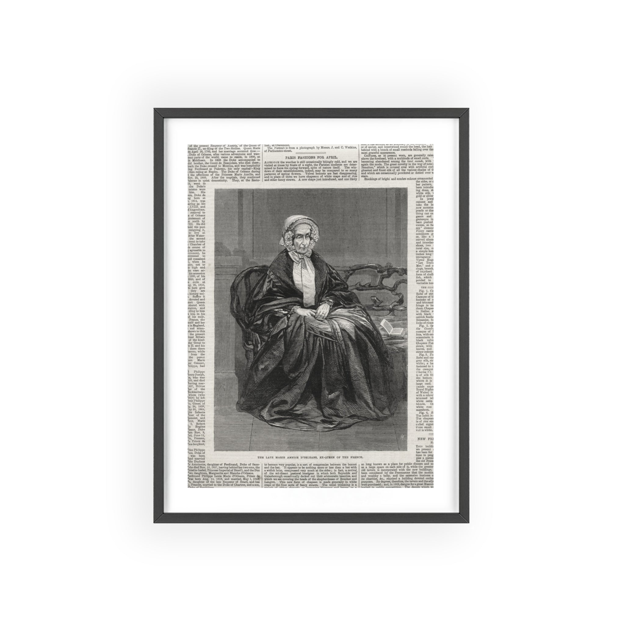 The Late Marie Amelie D'Orleans, Ex-Queen of the French. Vintage Portrait Newspaper Art Poster with Black Wooden Frame