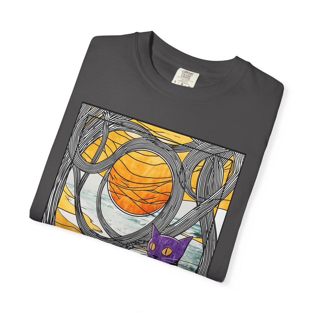 Cat Moon T-Shirt — Black Cat with Purple Mask & Sunset Stained-Glass Design