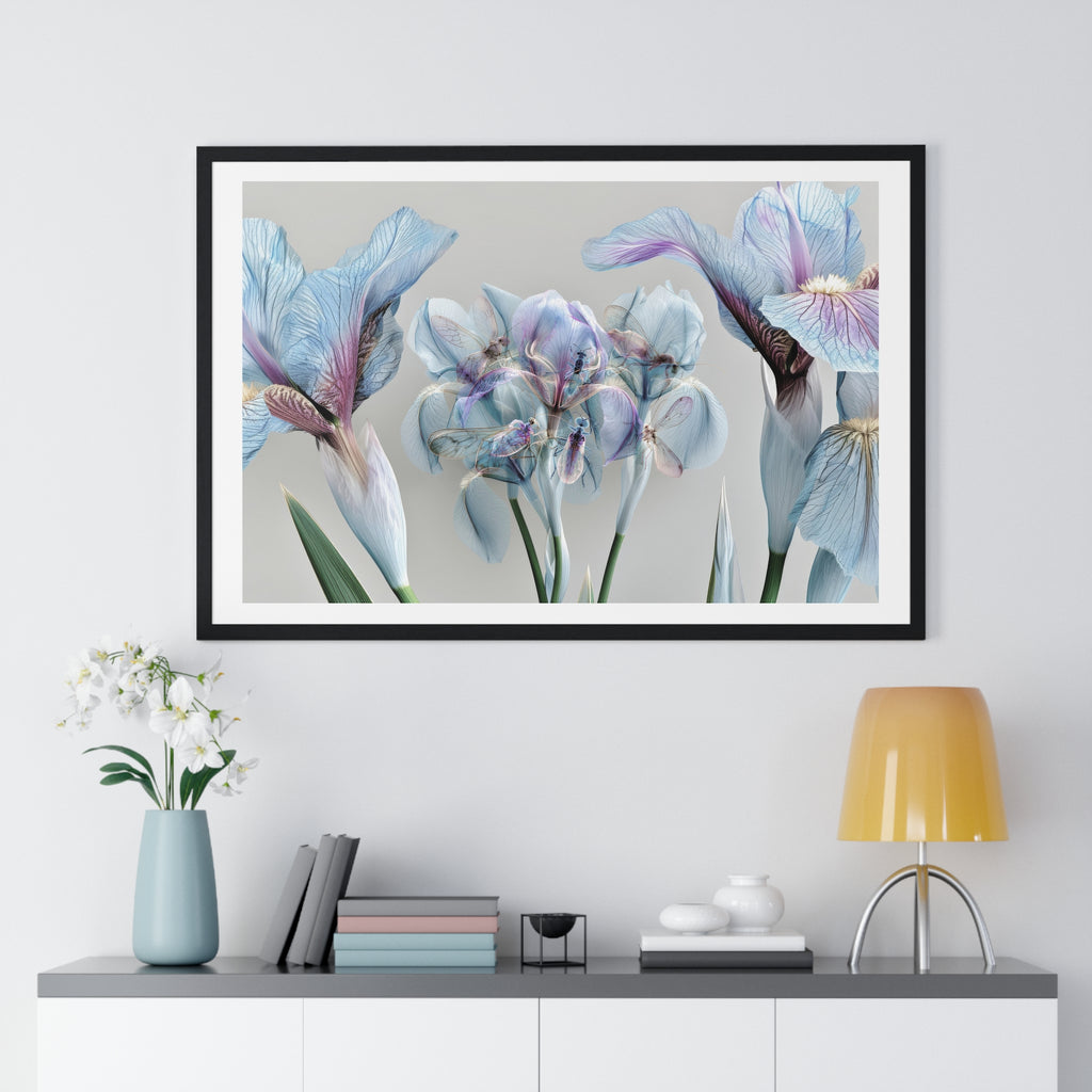 Botanical Iris Framed Poster — Soft Blue Floral Wall Art (Horizontal)