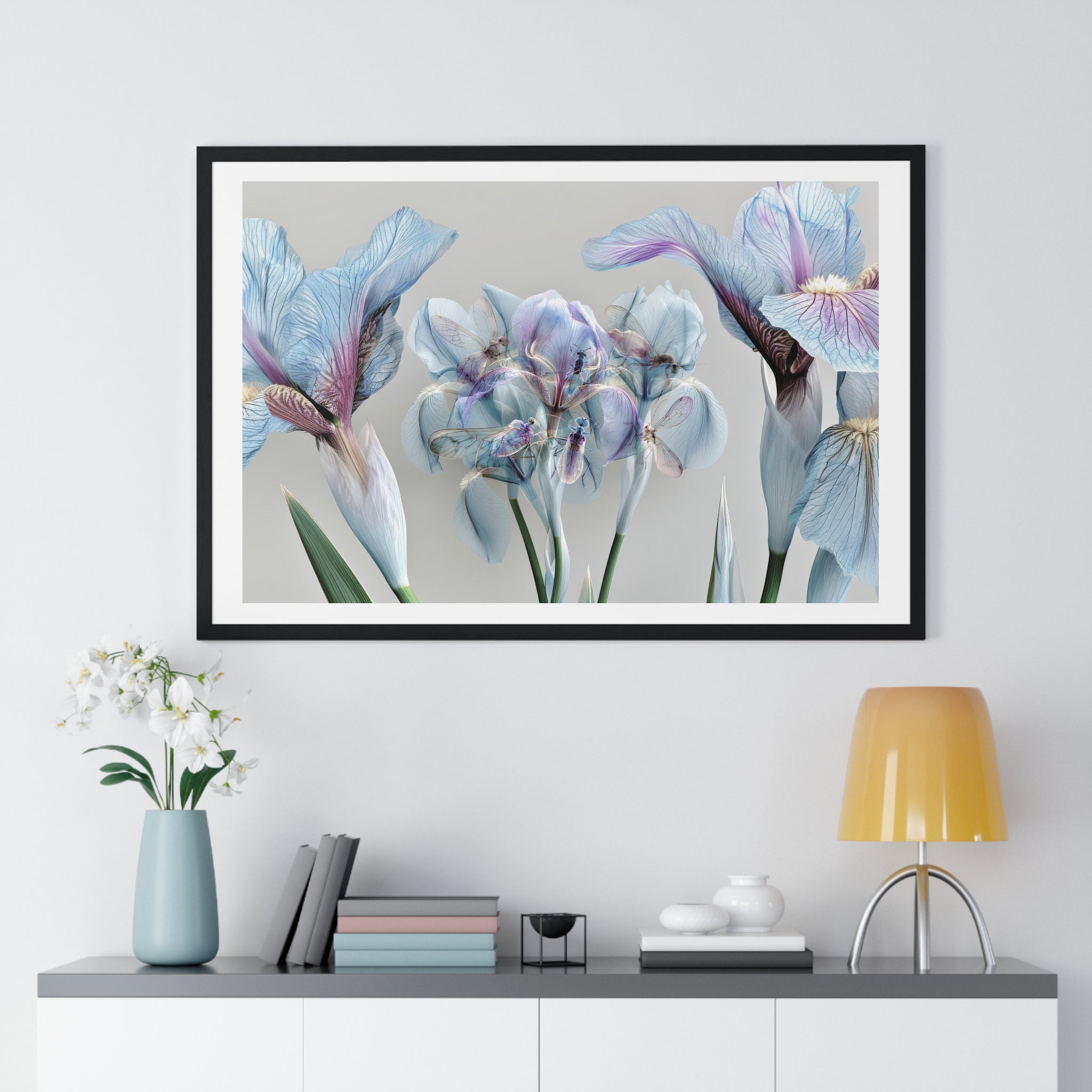 Botanical Iris Framed Poster — Soft Blue Floral Wall Art (Horizontal)