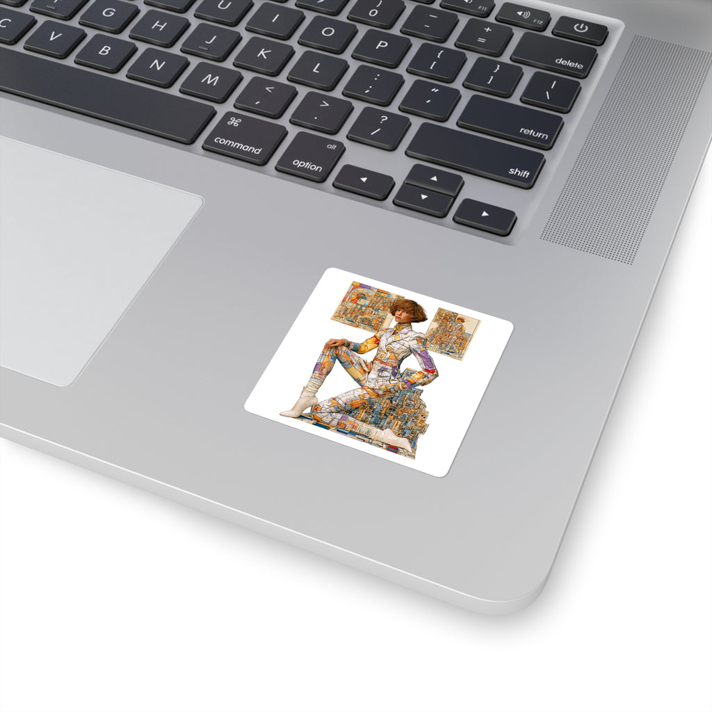 Retro Futurist Collage Square Sticker — Vintage Fashion Tech Art