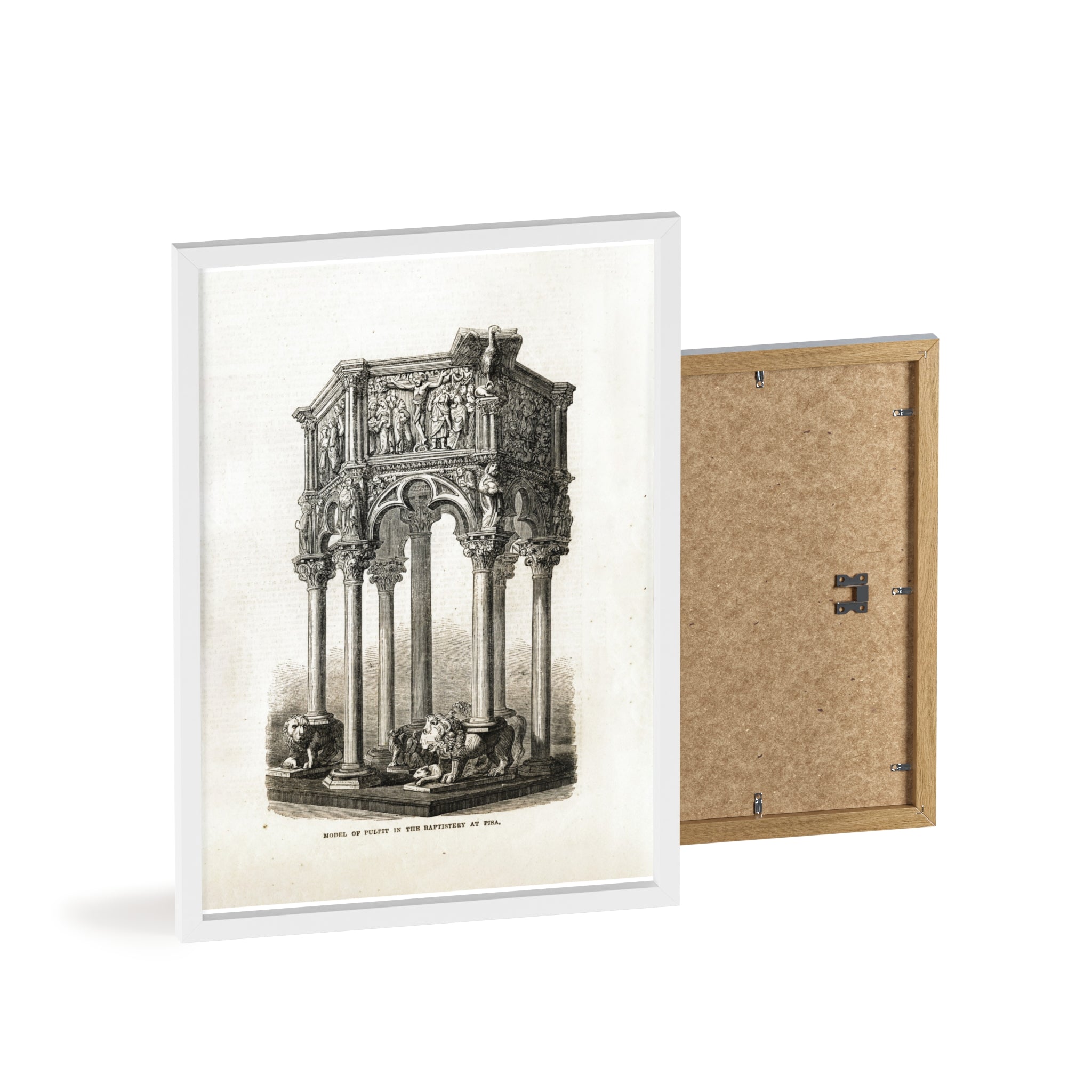 Model of Pulpit in the Baptistery at PISA. Antique Architectural Print Poster — Gothic Baptistery Illustration in Wooden Frame