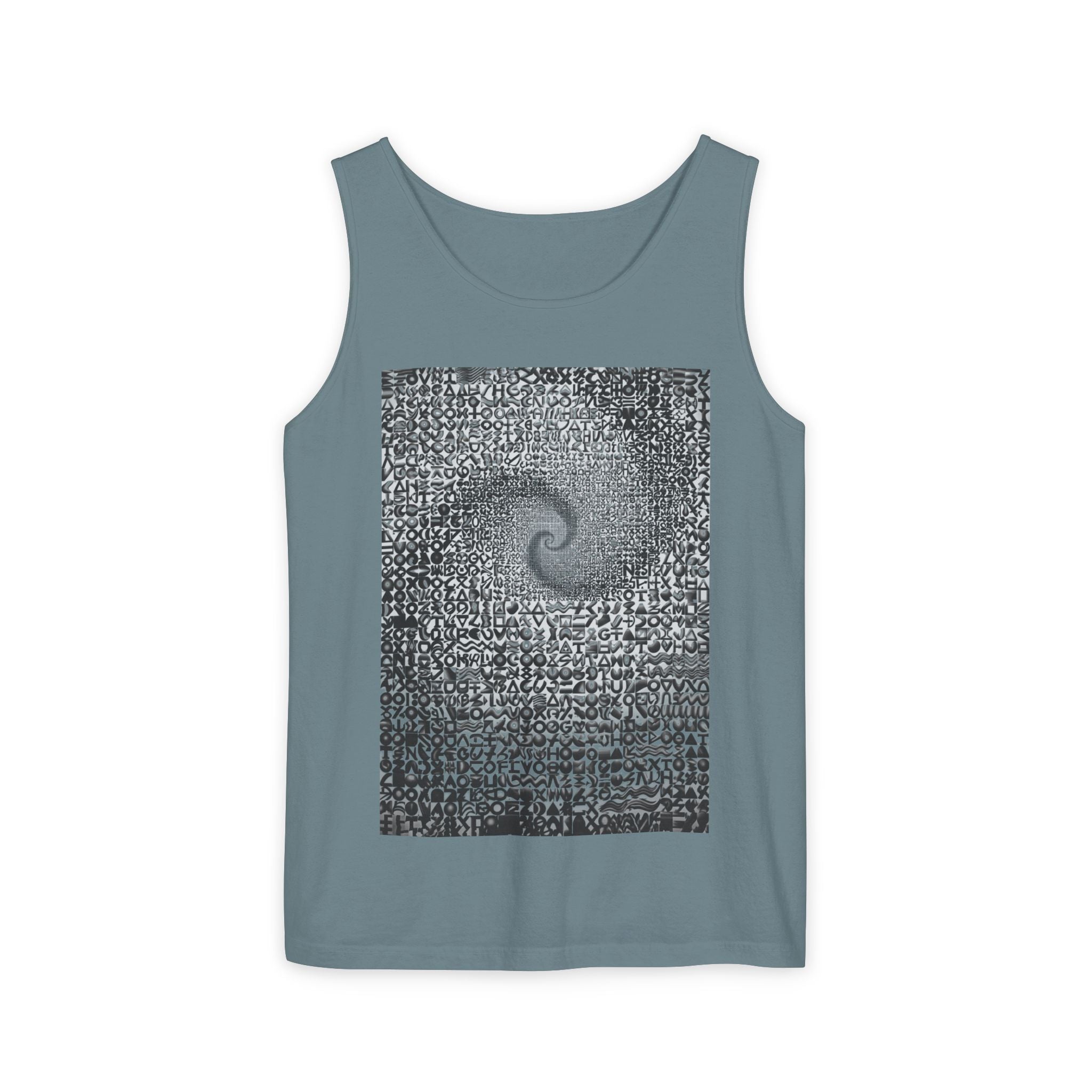 Spiral Text Art Tank Top — Monochrome Optical Typography Tee