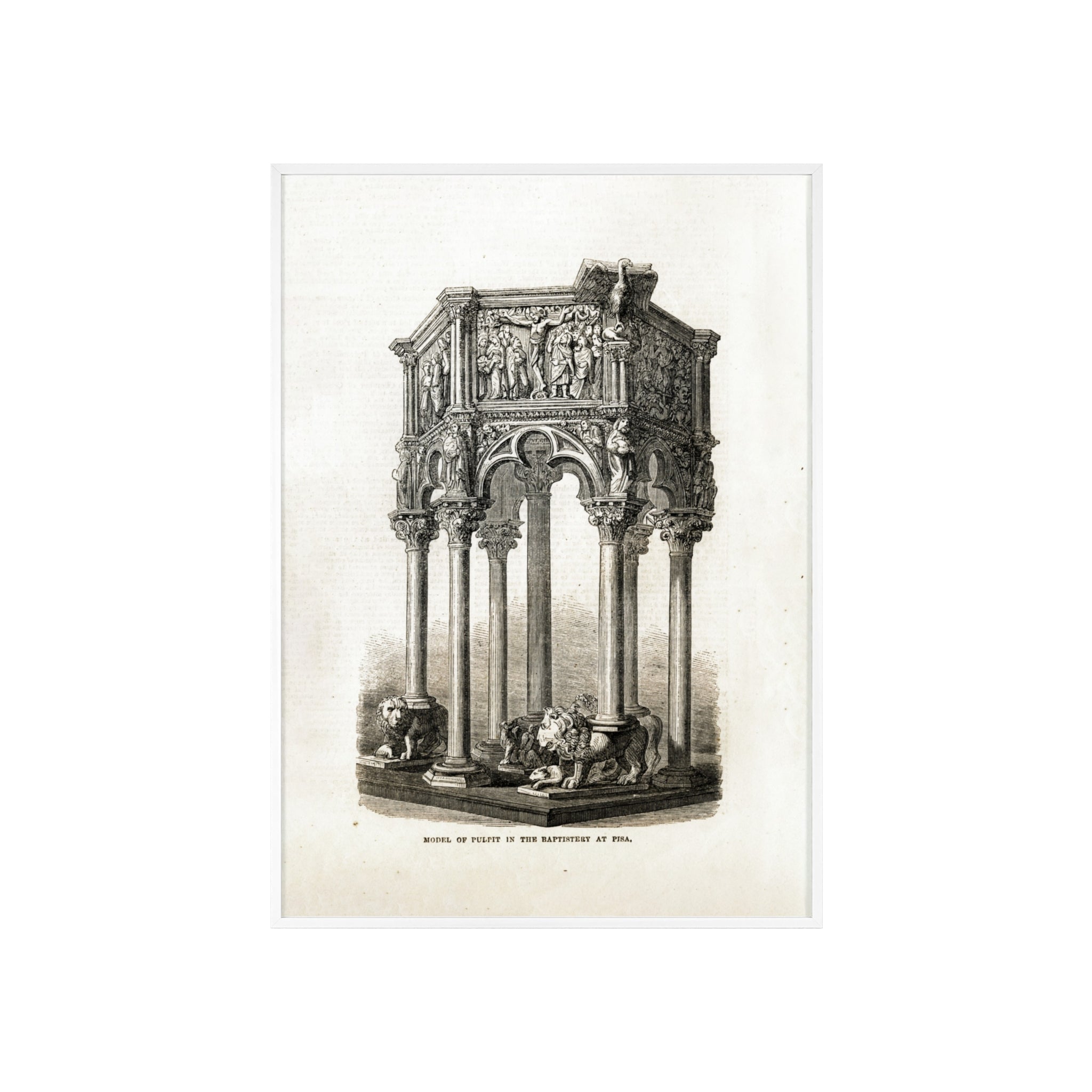 Model of Pulpit in the Baptistery at PISA. Antique Architectural Print Poster — Gothic Baptistery Illustration in Wooden Frame