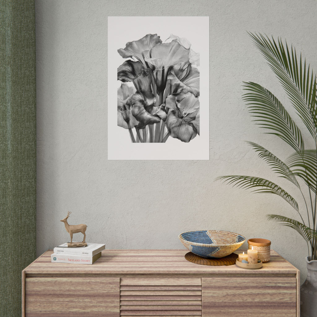 Black & White Iris Botanical Poster — Monochrome Floral Wall Art (Rolled Poster)