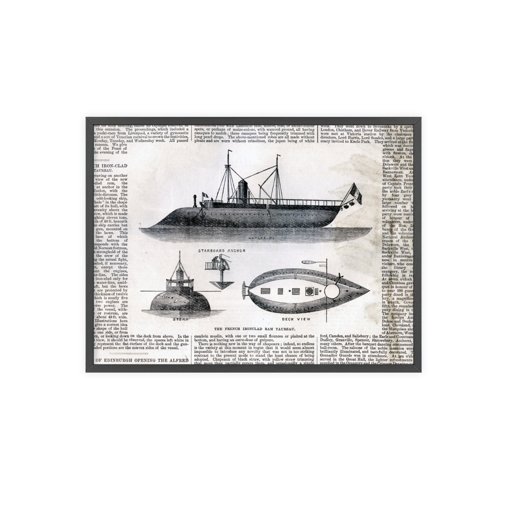 The French Ironclad RAM TAUREAU. Vintage Steamboat Patent Poster — Framed Nautical Wall Art