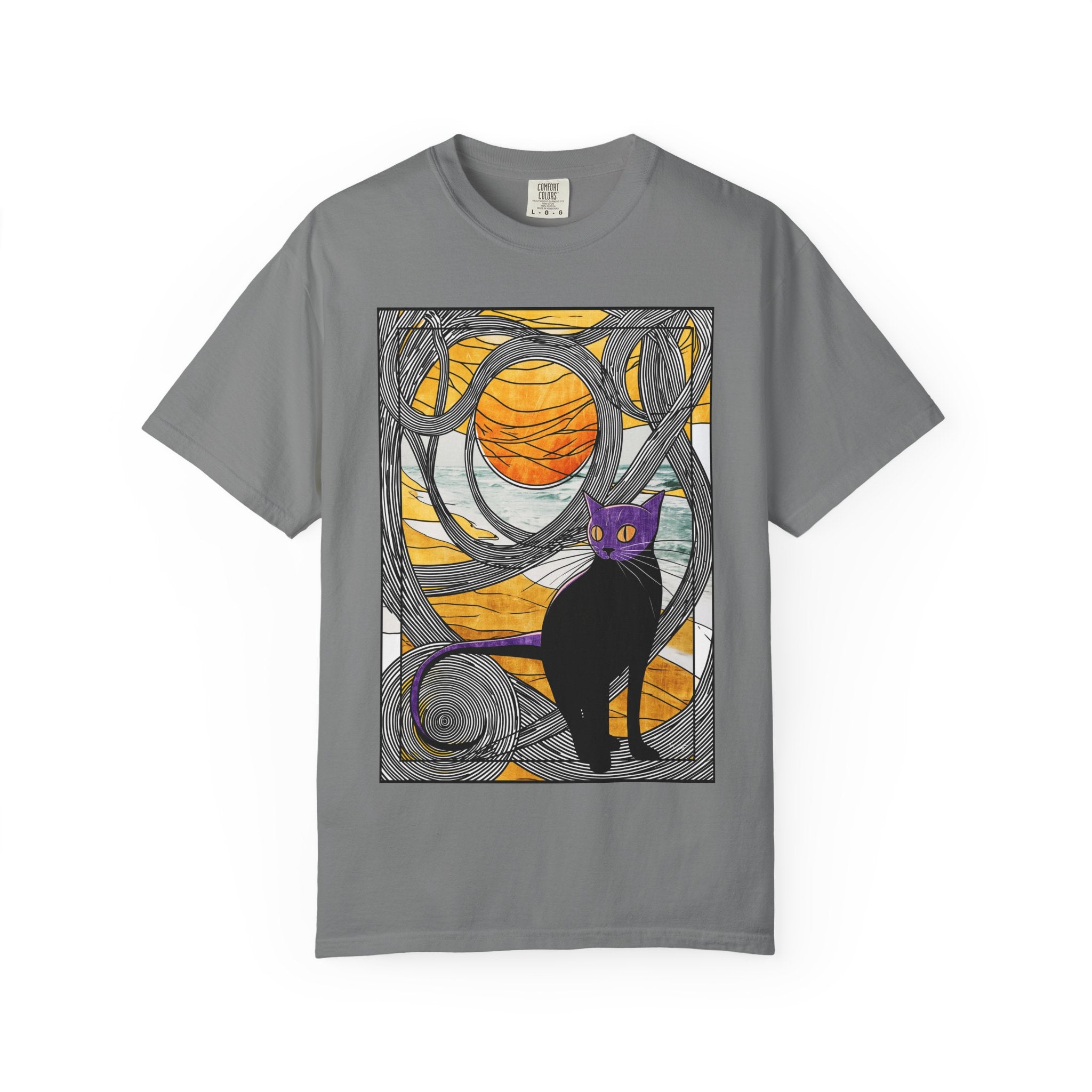 Cat Moon T-Shirt — Black Cat with Purple Mask & Sunset Stained-Glass Design