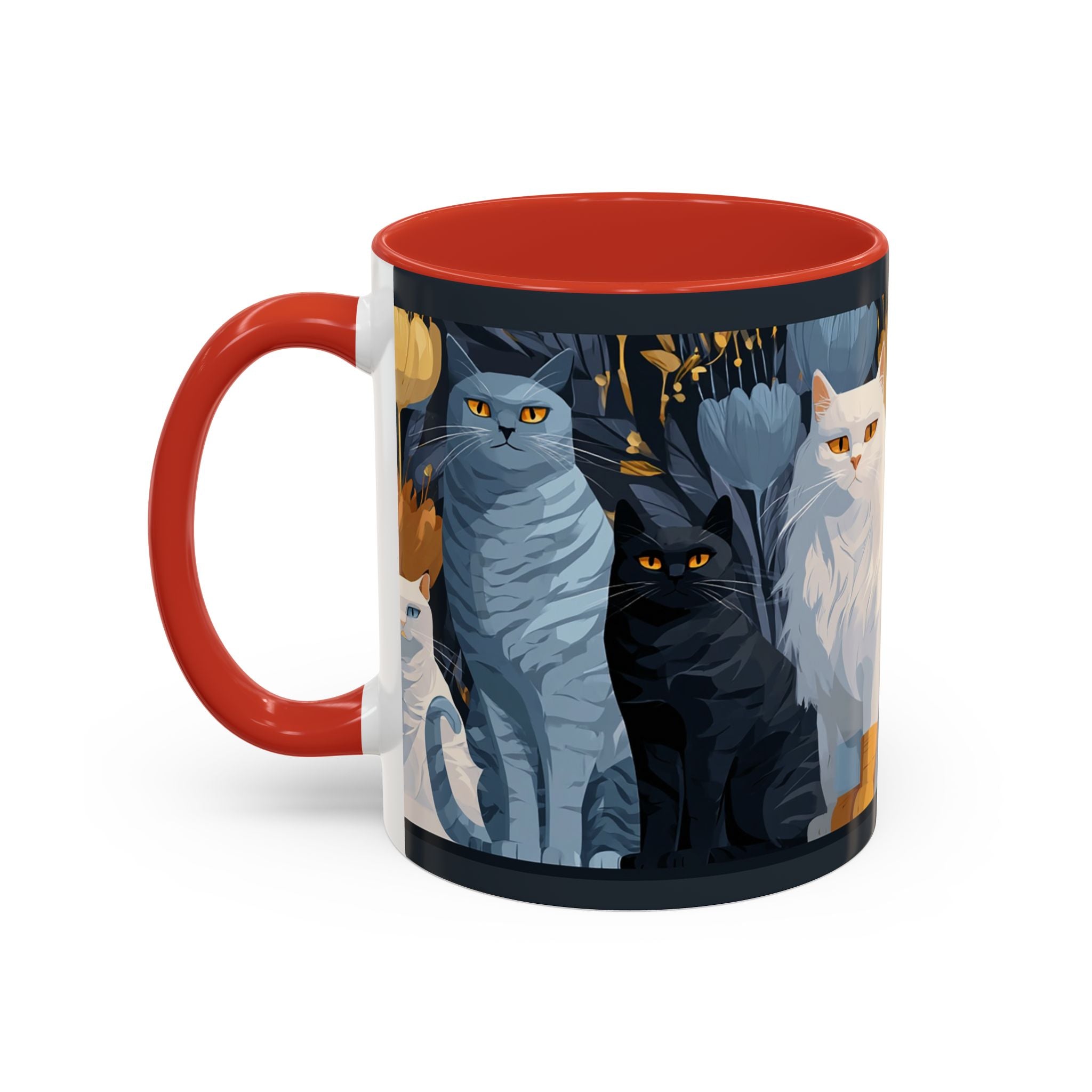 Cat Pattern Accent Coffee Mug — Illustrated Cats Floral Night Design (11/15oz)